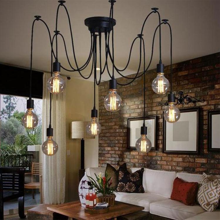 12-Pendant Adjustable Pendant Chandelier Black E27 Vintage Spider Lamp