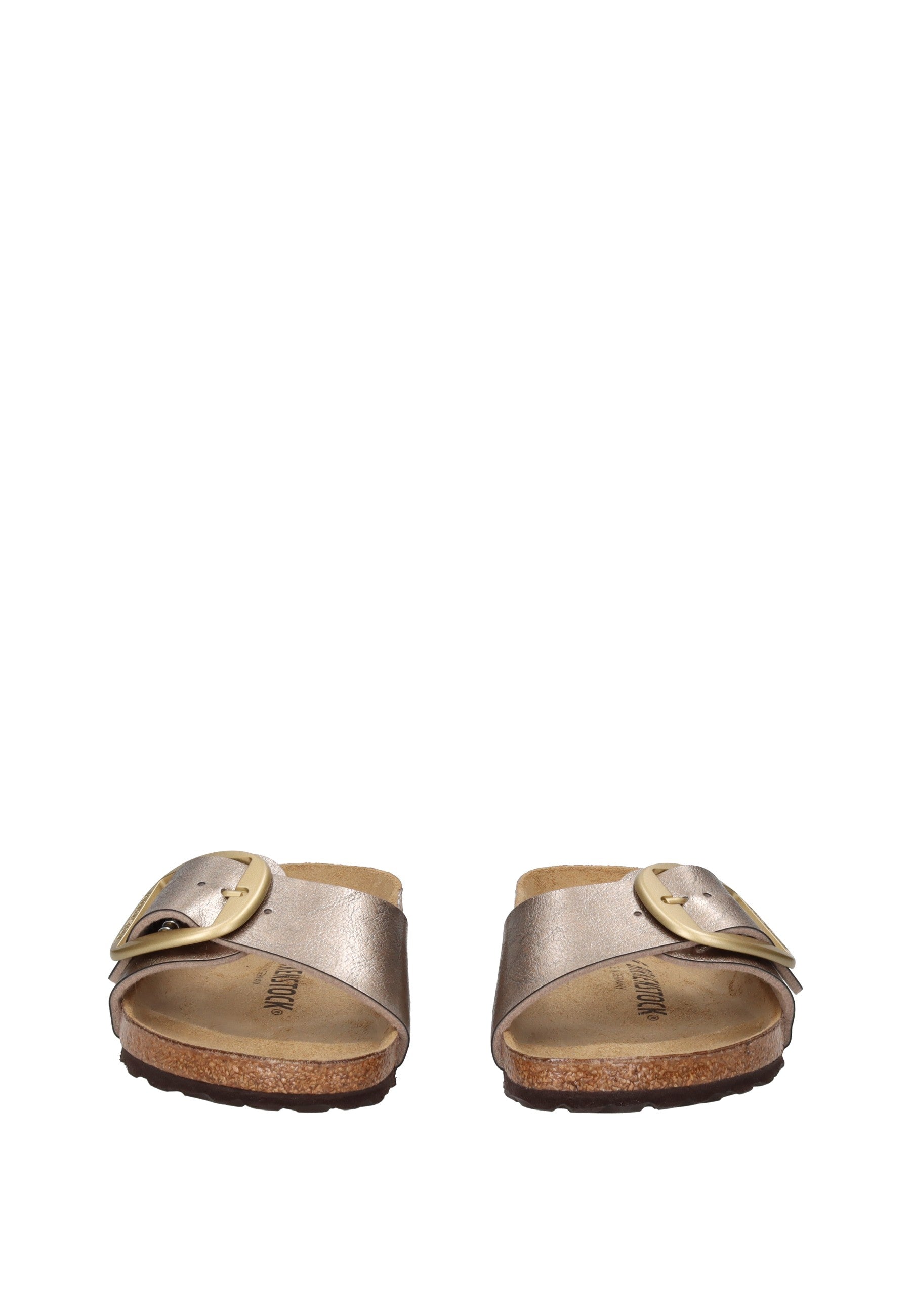 1016237 Sandalo BIRKENSTOCK in oro con fibbia grande e suola anatomica in sughero.