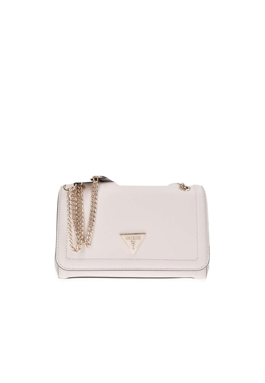 Borsa a spalla GUESS Noelle in ecopelle bianca con patta e metalleria color oro, misura 24x15x9 cm.