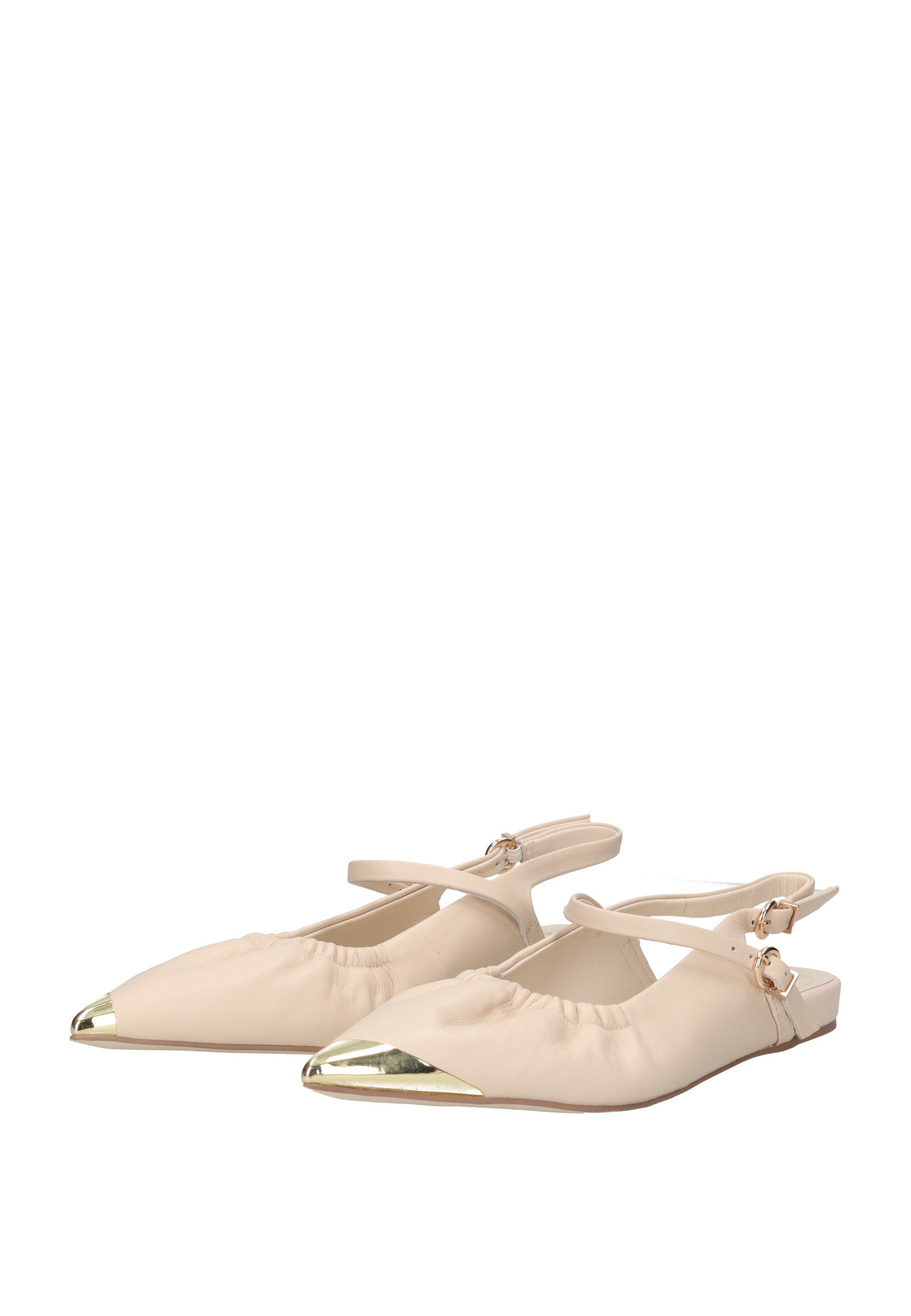 S6PETAL01/LEA Ballerina APEPAZZA in beige with ankle strap and metallic toe detail.