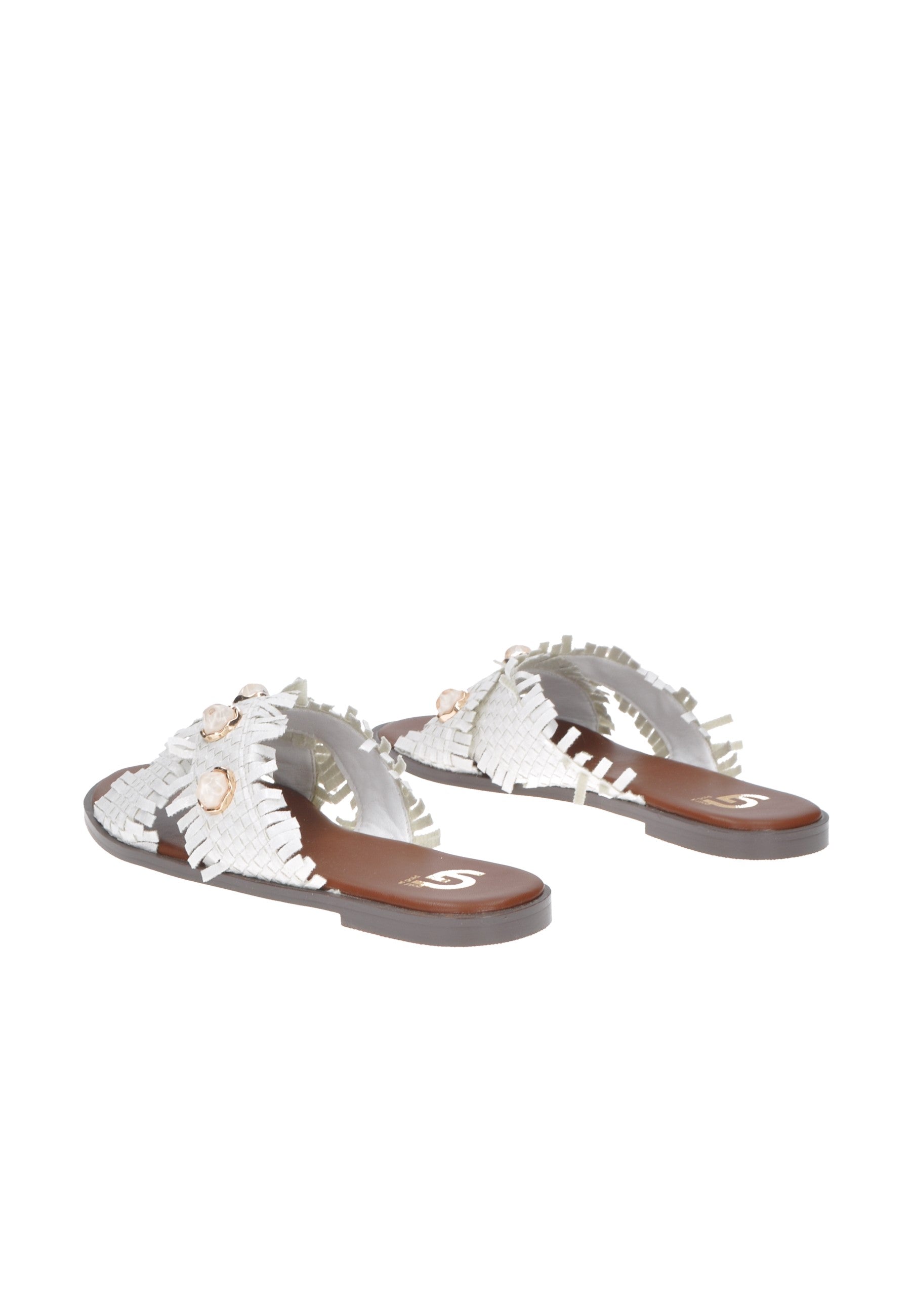 Stylish white sandals with fringed detailing and decorative embellishments on the straps.