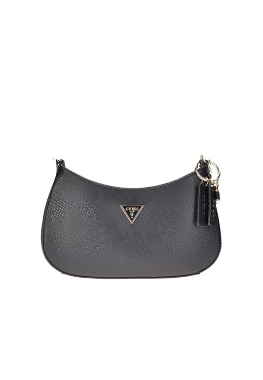 Borsa a spalla GUESS Noelle in ecopelle nera con metalleria oro pallido e charm logato.