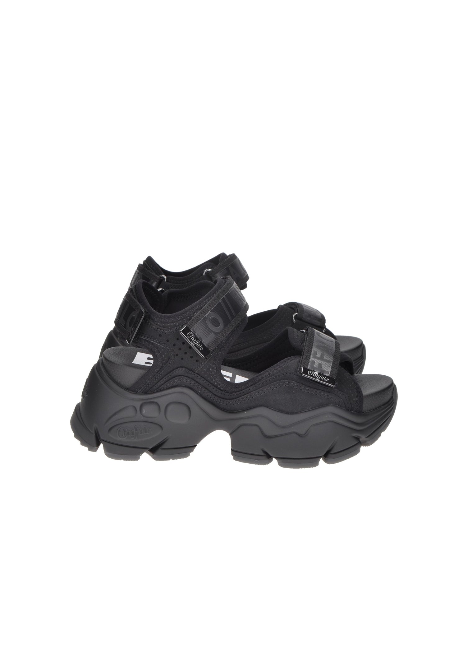 Black BUFFALO sandals with velcro closure and cushioned insole for comfort and style.