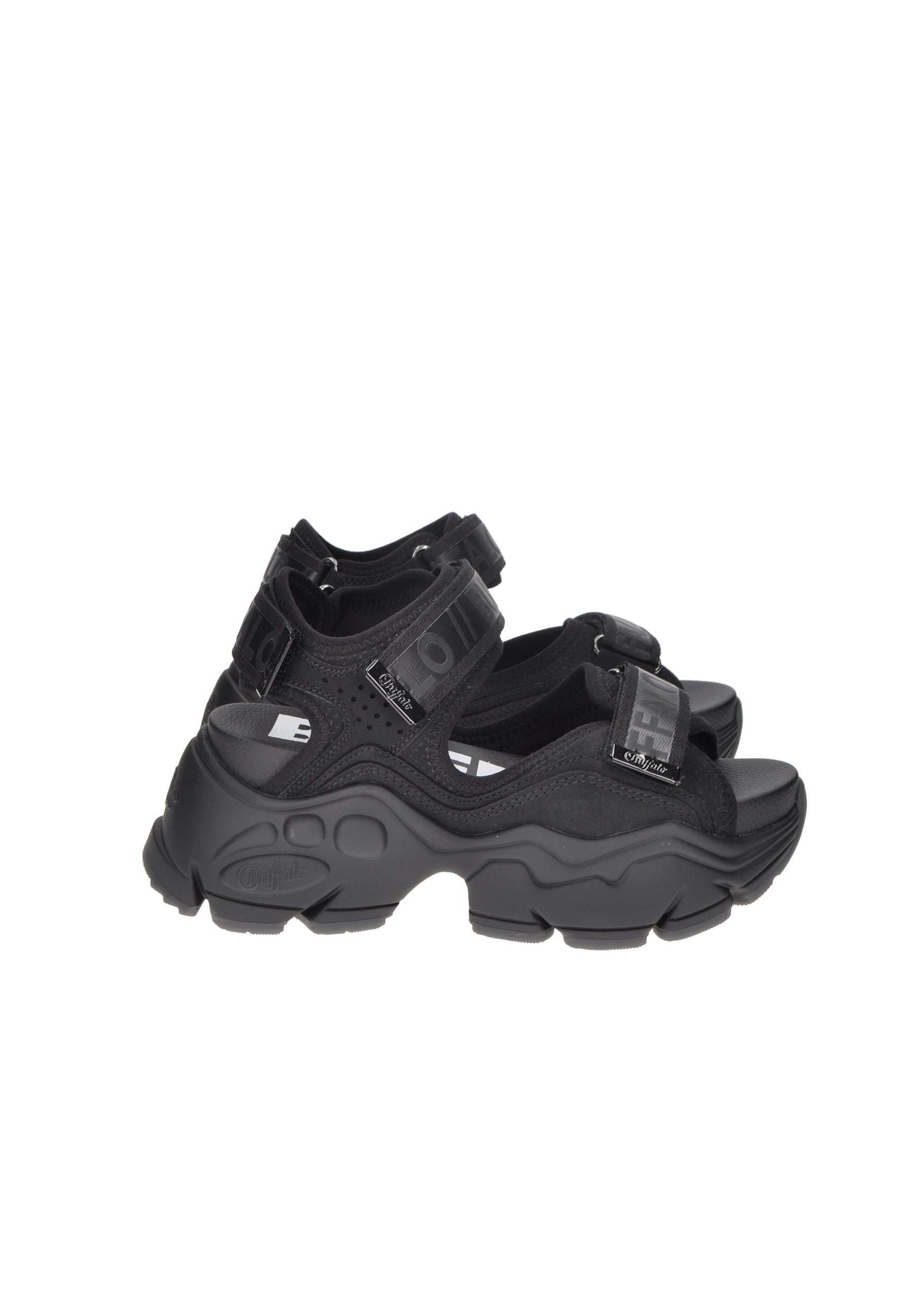 Black BUFFALO sandals with velcro closure and cushioned insole for comfort and style.
