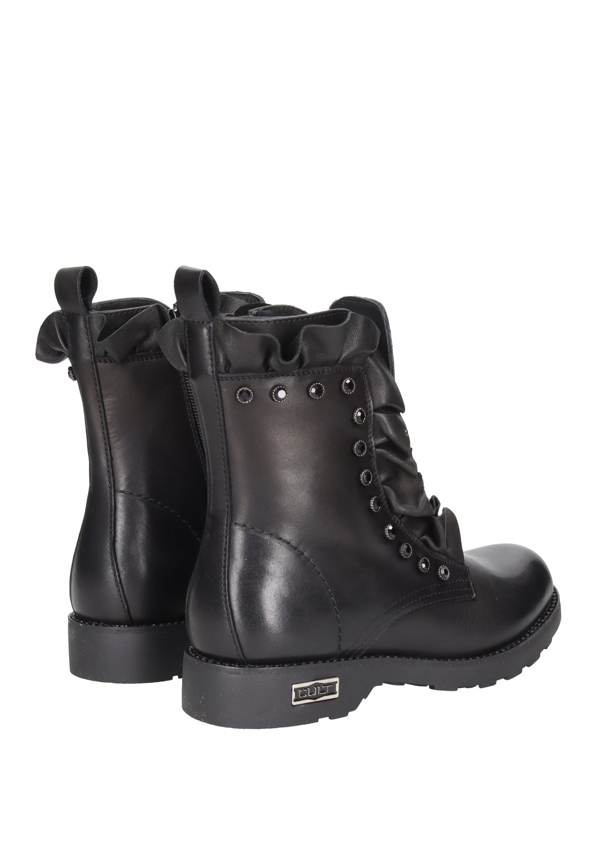 CLW320200 Boot CULT black leather mid boots with lace, side zipper, ruffles, and studs detail.