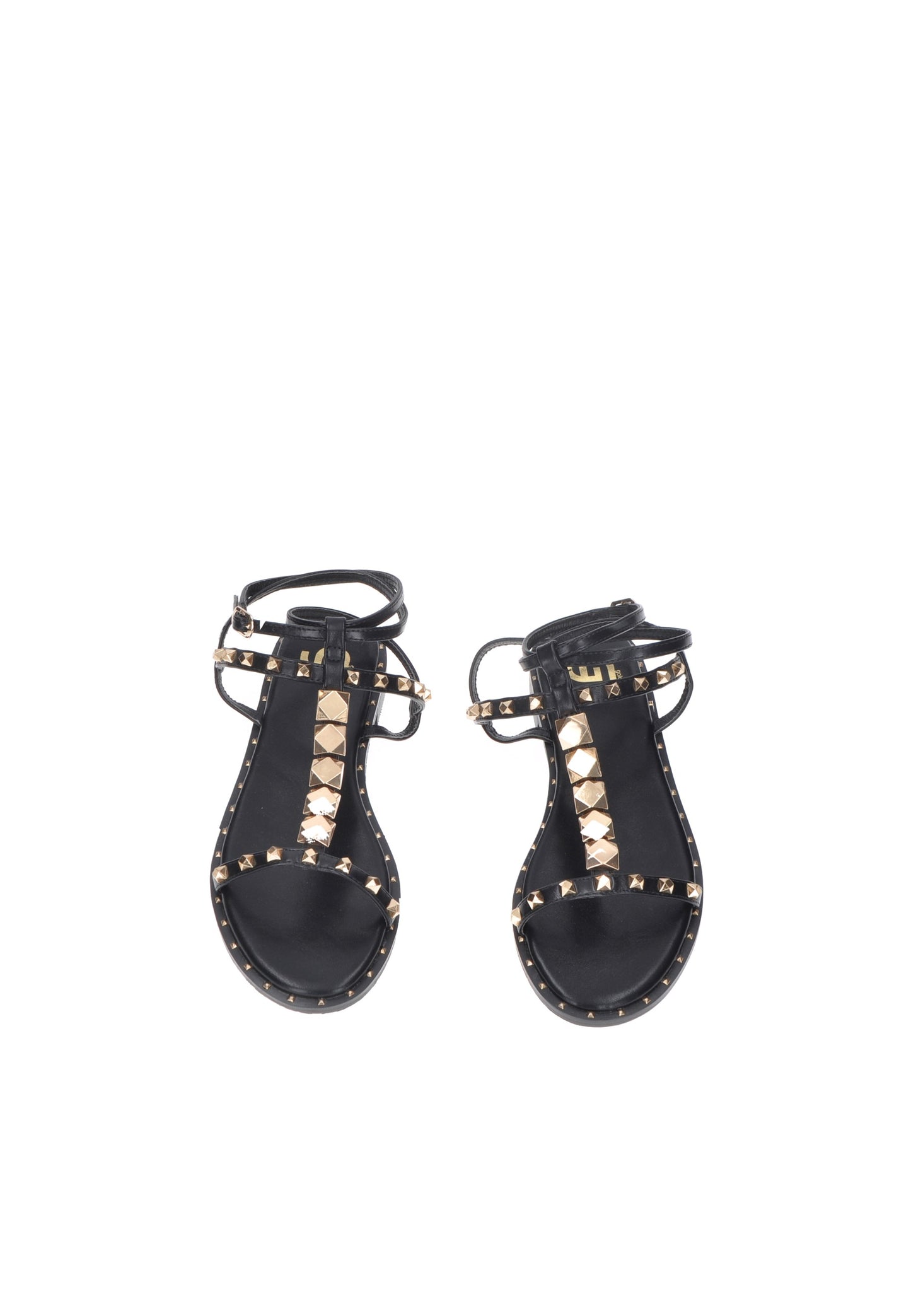 GD243 Sandalo in ecopelle, nero con dettagli dorati e cinturini, stile elegante e comfort.