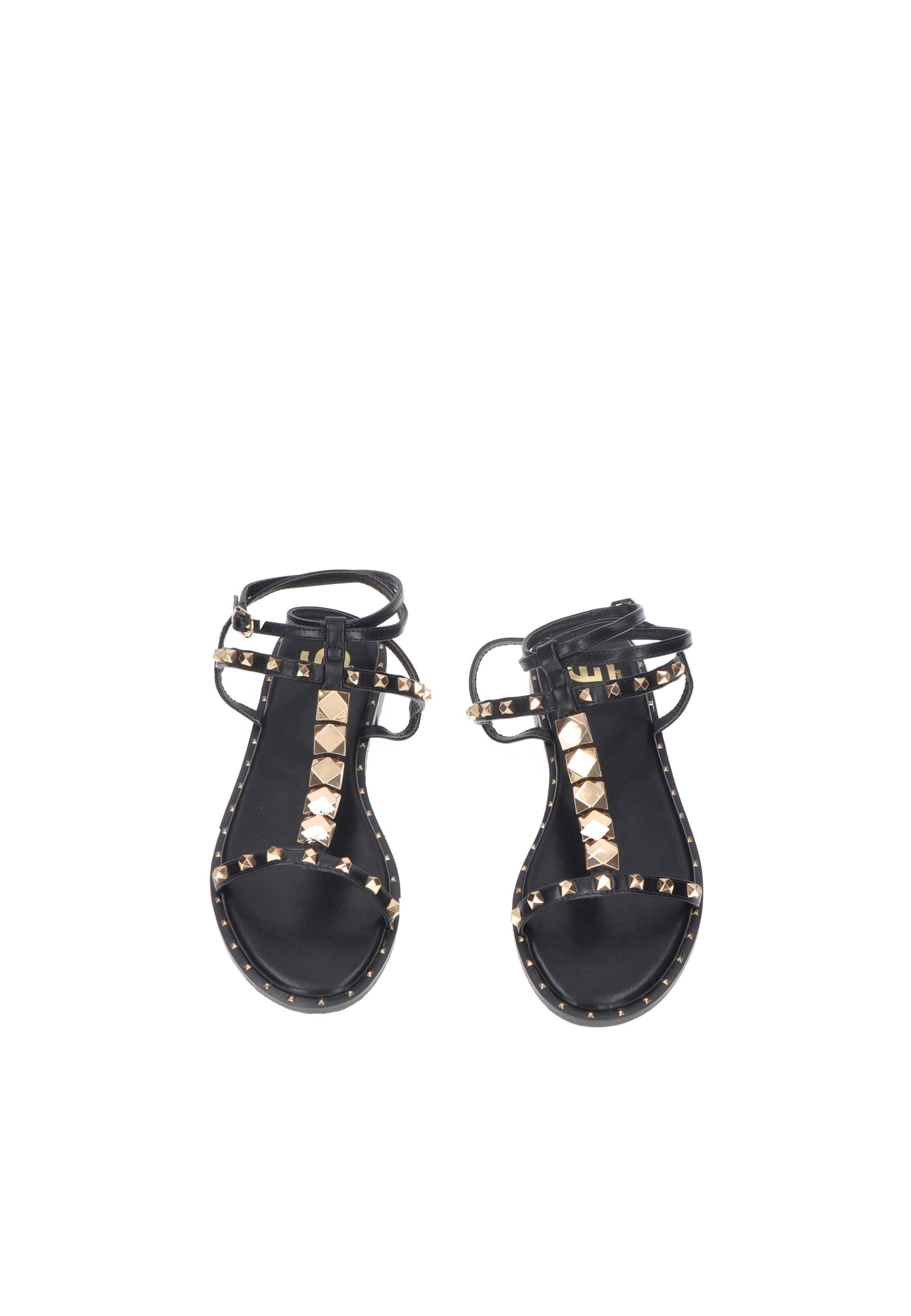 GD243 Sandalo in ecopelle, nero con dettagli dorati e cinturini, stile elegante e comfort.