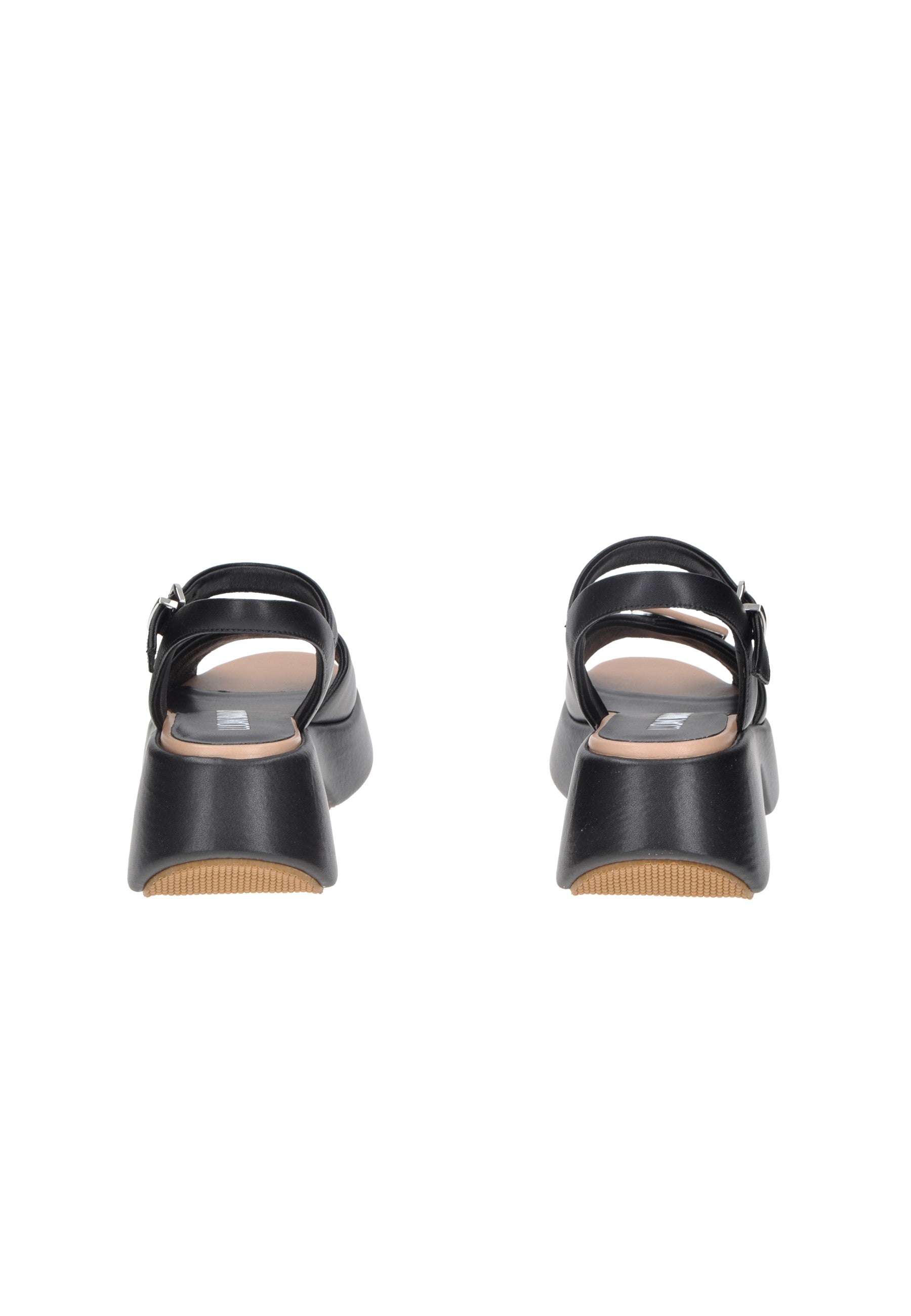 Rear view of TL122 LUCIANO BARACHINI black leather sandals with ankle strap and 6 cm thick rubber sole.