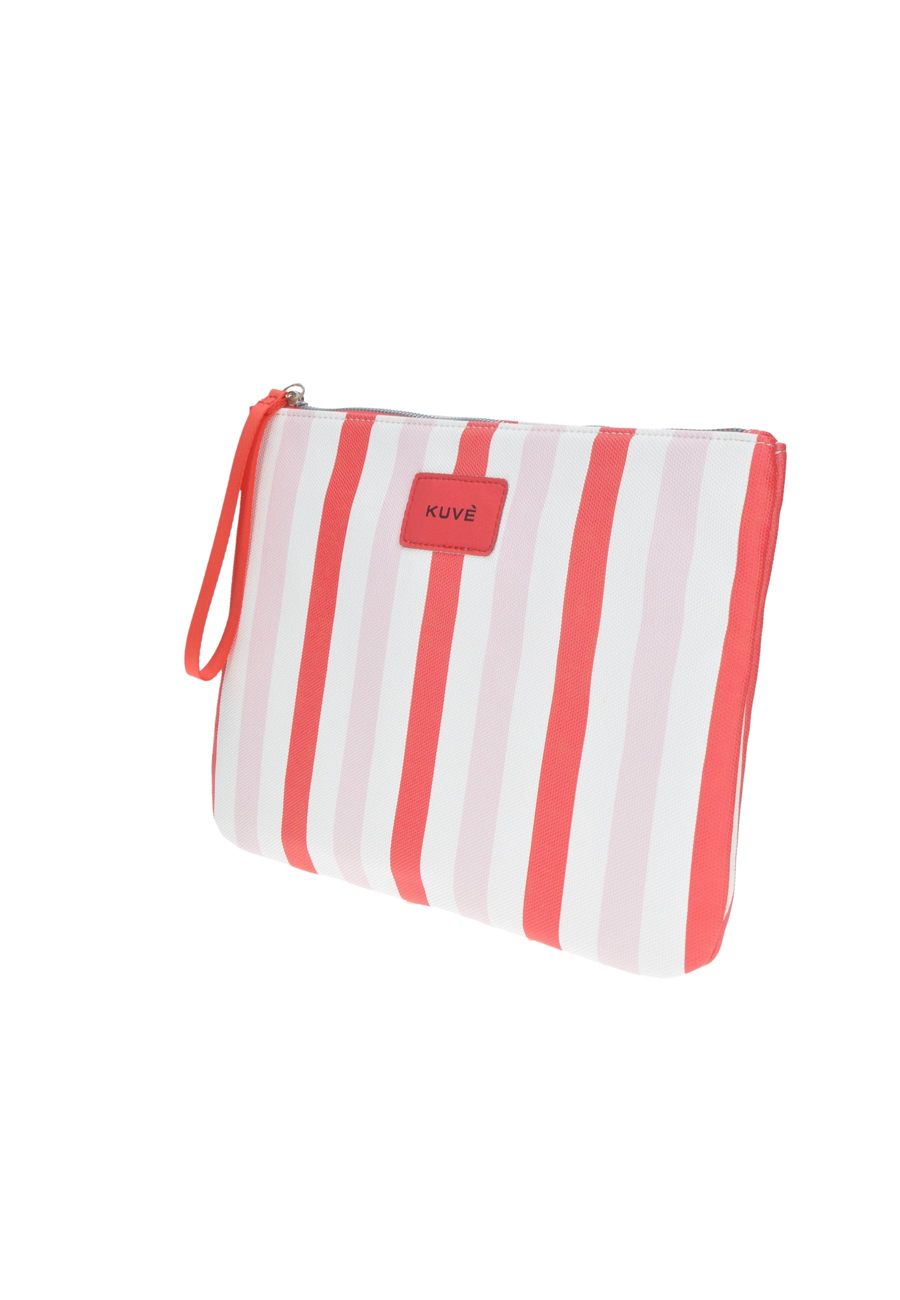 KBE31A528 Pochette KUVE' with pink and red stripes, ideal for beach days and small cooler uses, dimensions 32x22x2 cm.