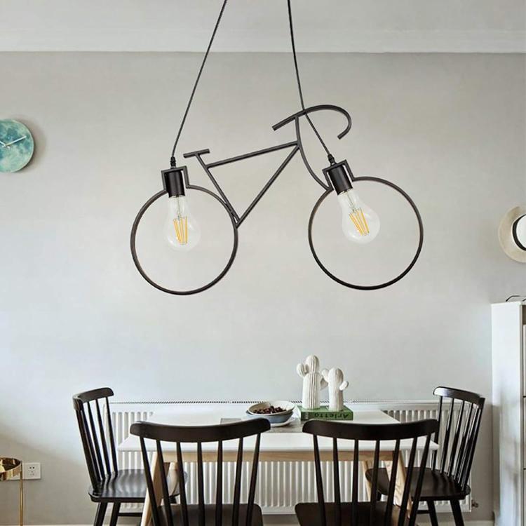 Black Metal Bicycle-Shaped Pendant Light with 2 E27 Sockets 