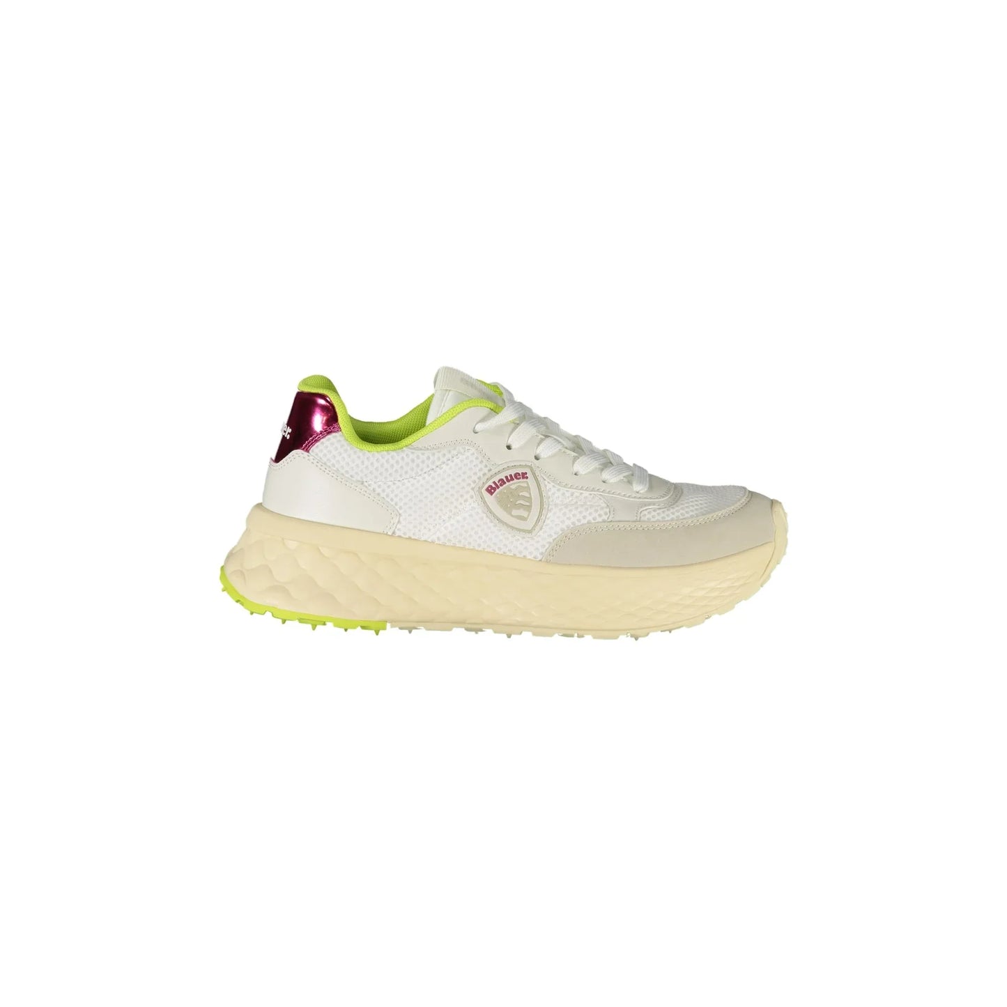 Weiße Damen-Sneaker von BLAUER mit Schnürsenkeln und grün-fuchsiafarbenen Details