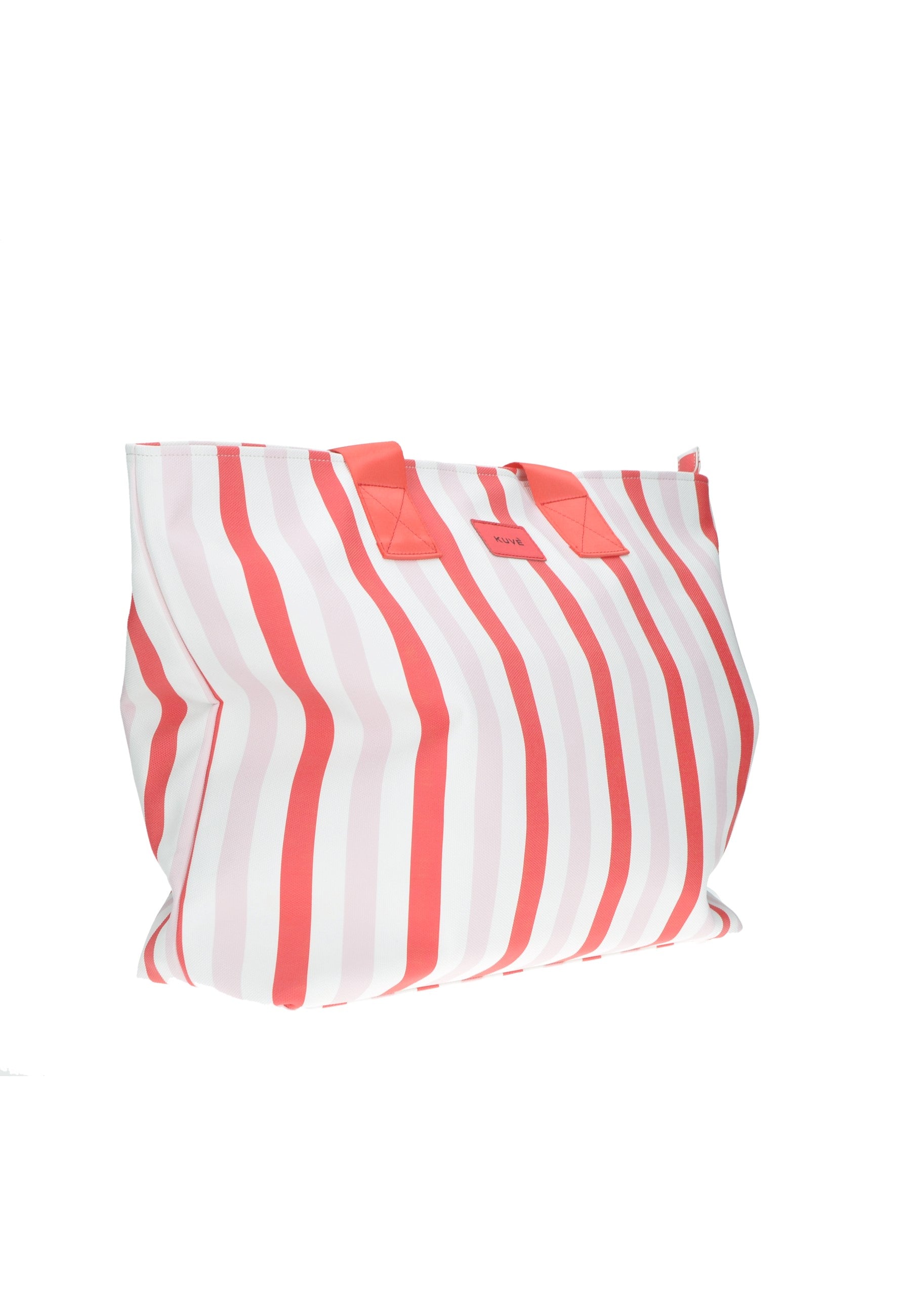 KBS31A01 Shopping KUVE' bag in soft eco-leather with stylish pink and white stripes, perfect for beach outings and shopping.