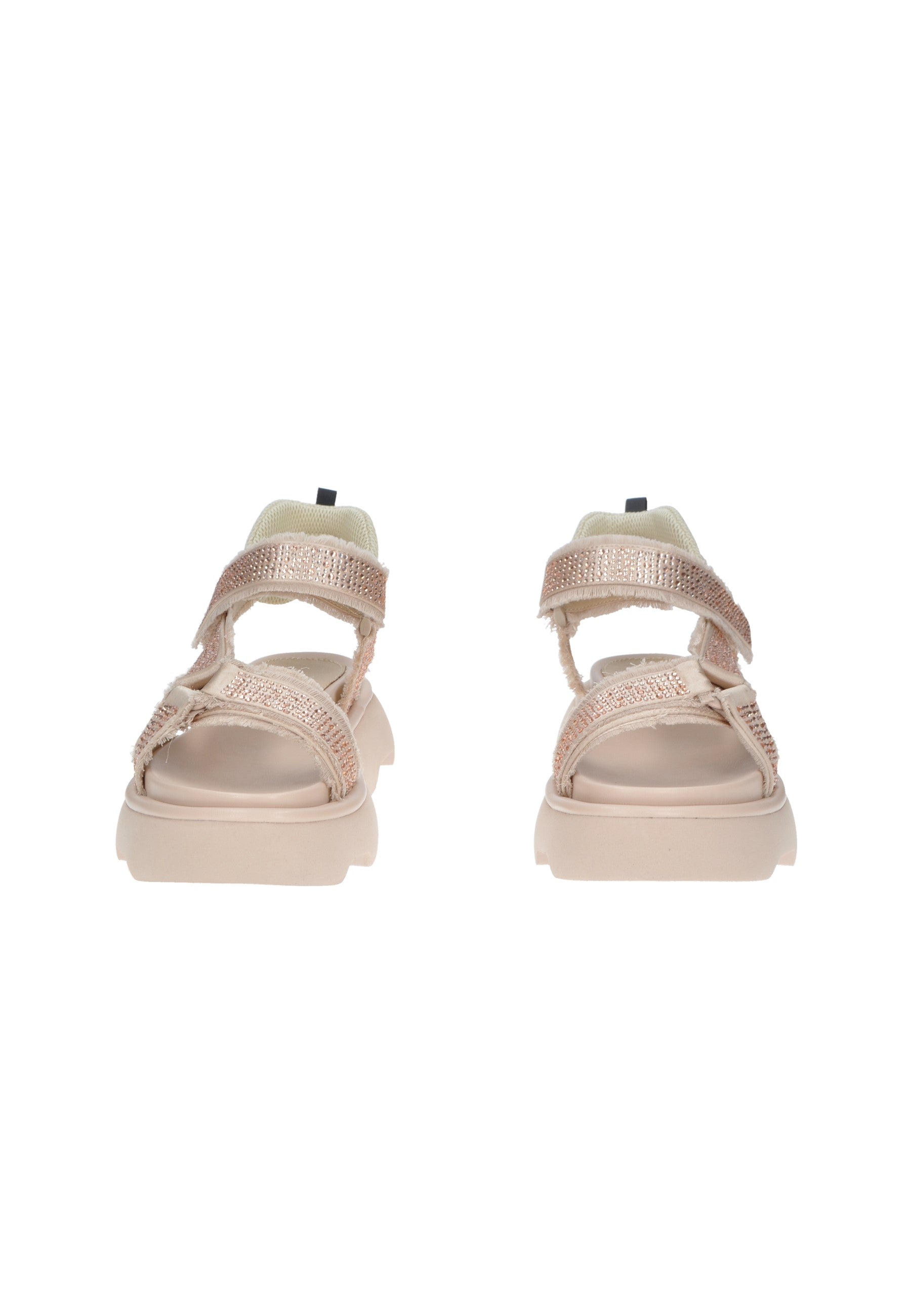 Rear view of TJ522 Sandalo JEANNOT, featuring Velcro straps and decorative strass on a comfortable cushioned footbed.