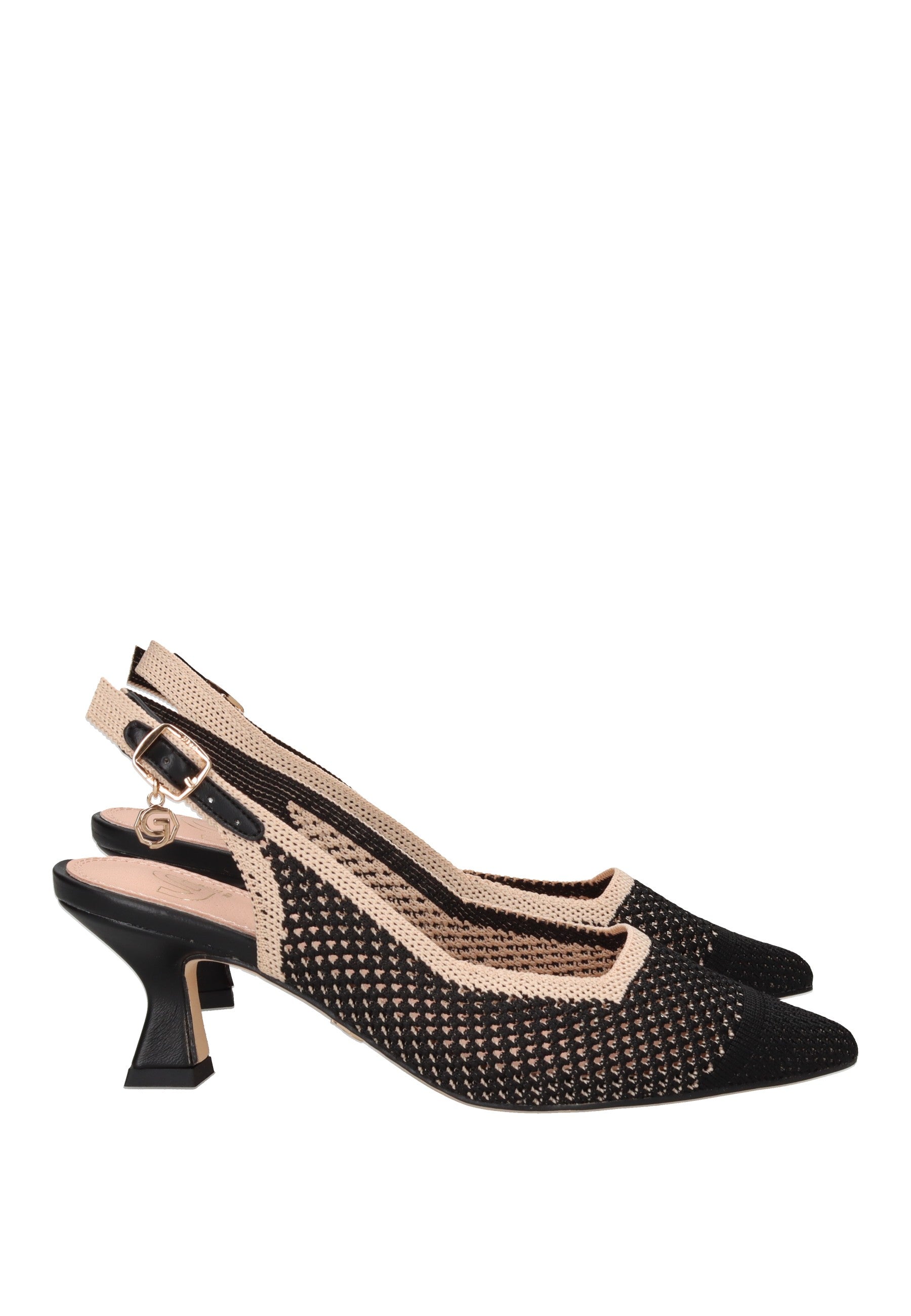 GK229 Decollete aperto dietro GOLD&GOLD in tessuto con tacco alto e cinturino al tallone.