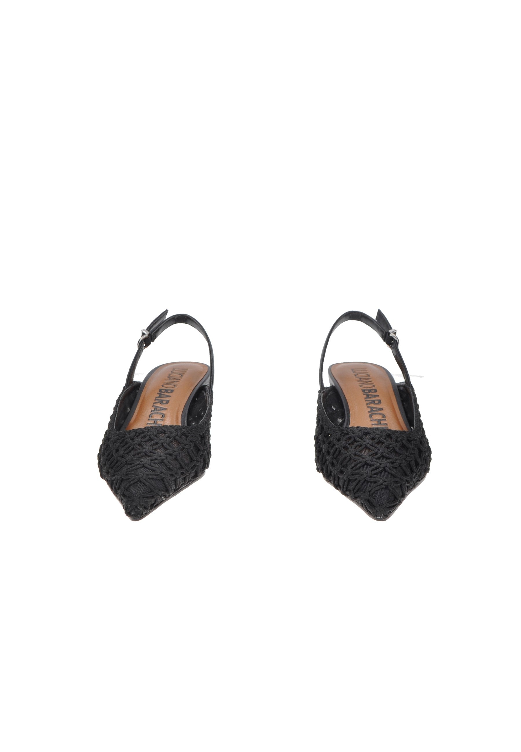 Black woven slingback heels with pointed toe and adjustable ankle strap.