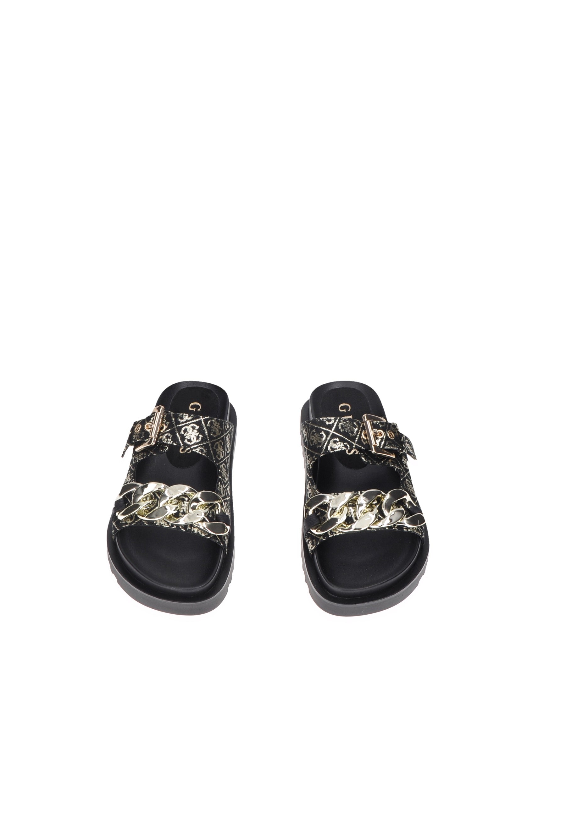 Sandalo GUESS Fatema in tessuto con chiusura a fibbie e stampa 4G logo, altezza para 2 cm.