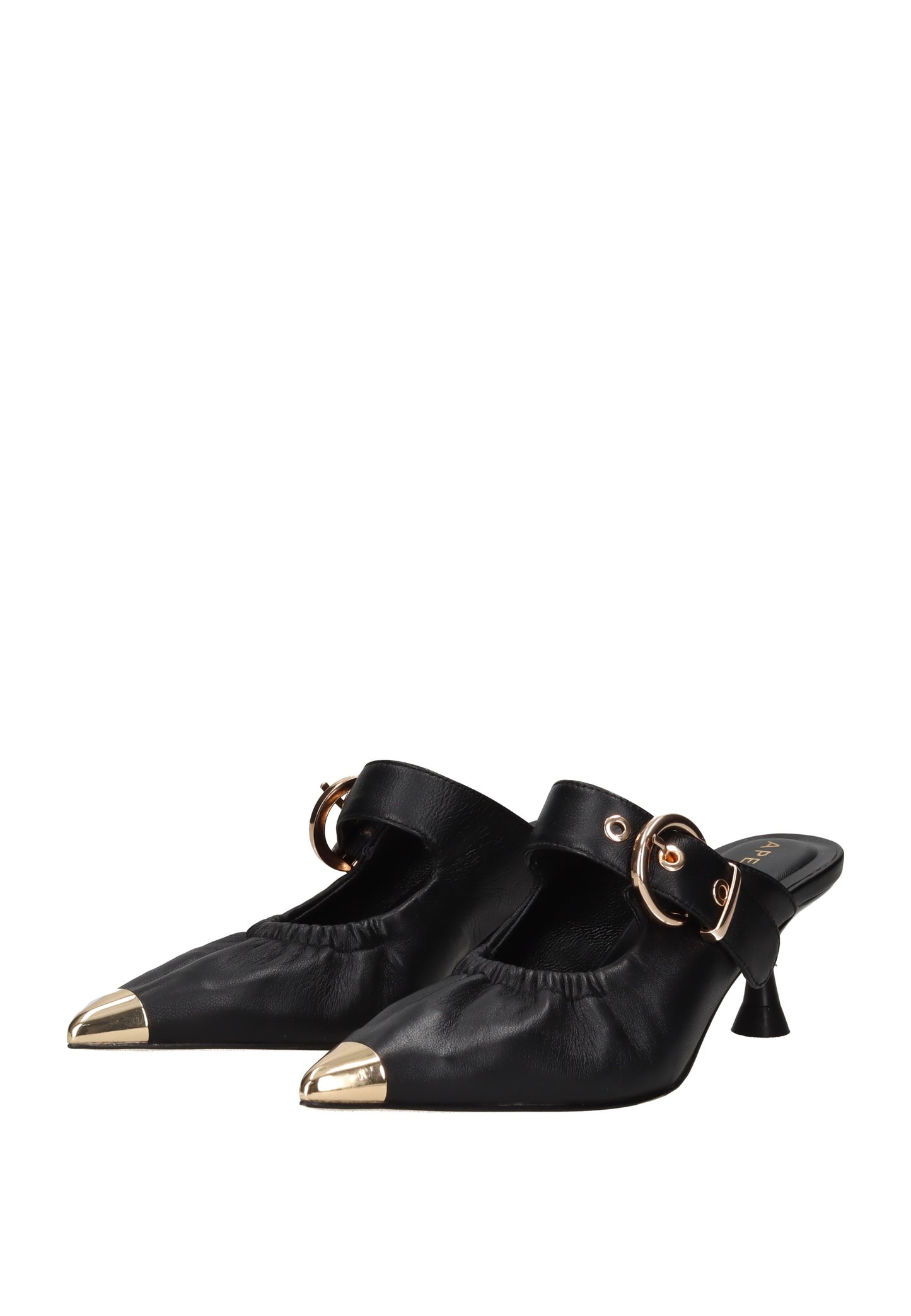 S6GLOW03/LEA Sandalo APEPAZZA elegante sandalo scalzato in pelle nera con fibbia e tacco alto.