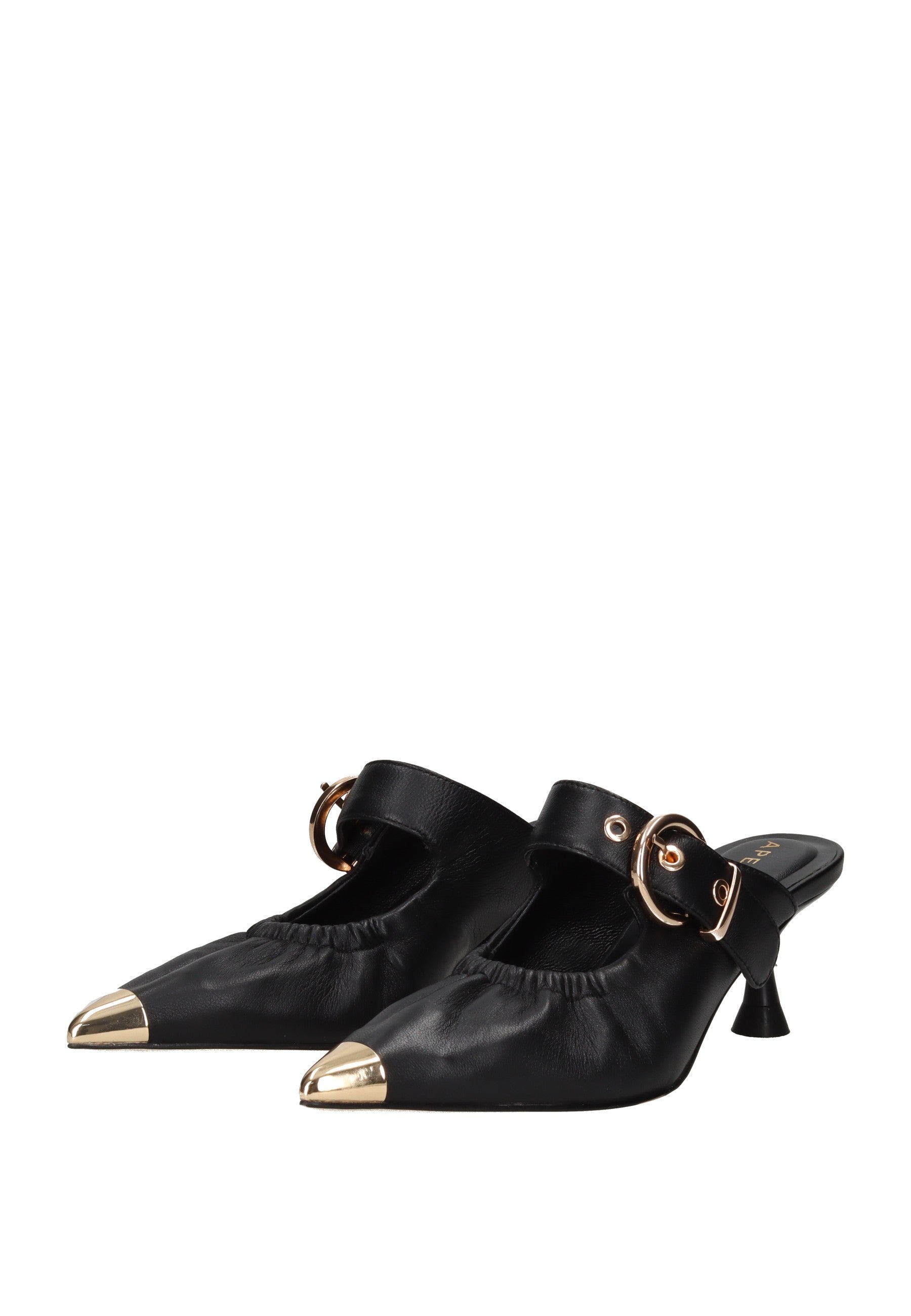 S6GLOW03/LEA Sandalo APEPAZZA elegante sandalo scalzato in pelle nera con fibbia e tacco alto.