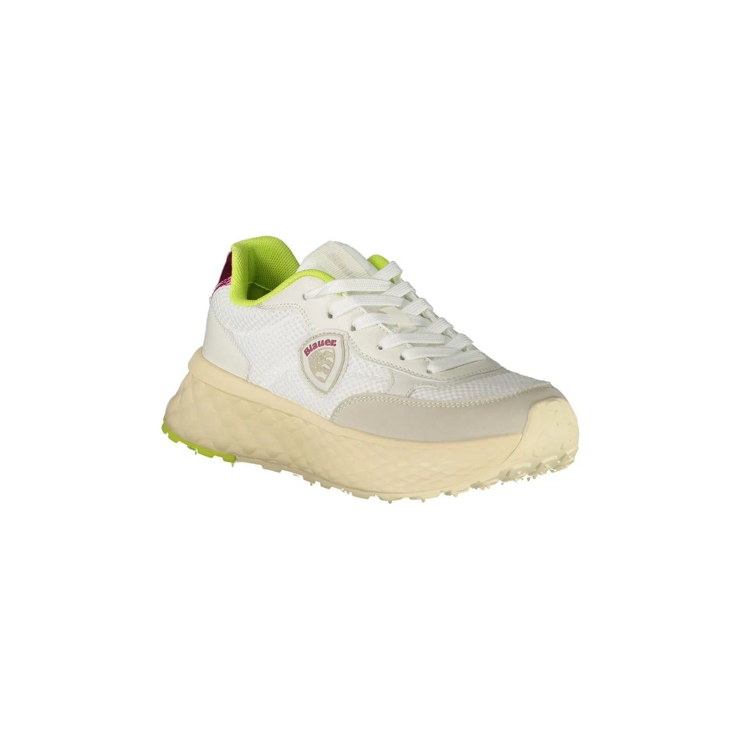 Weiße Damen-Sneaker von BLAUER mit Schnürsenkeln und grün-fuchsiafarbenen Details