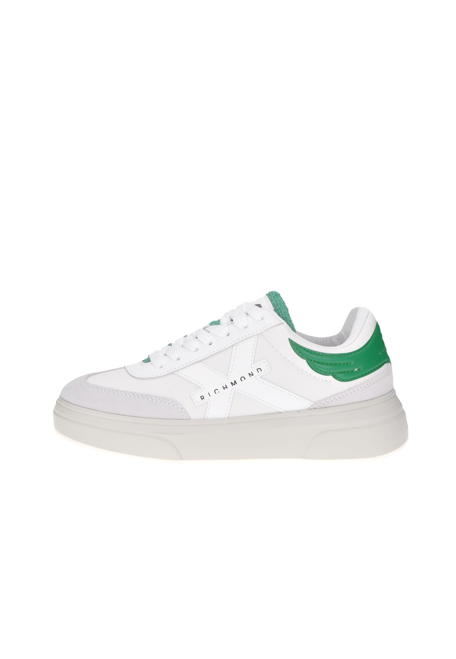 27310/CP sneaker JOHN RICHMOND, white with green accents, padded leather, high rubber sole, stylish and comfortable footwear.