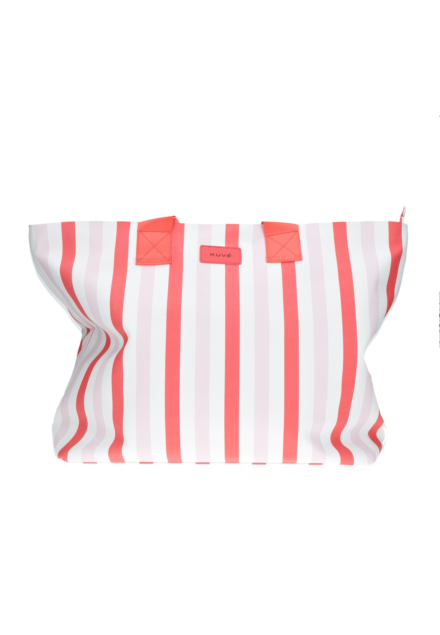 KBS31A01 Shopping KUVE' in striped coral and white eco-leather, ideal for beach and shopping, dimensions 55x40x15 cm.