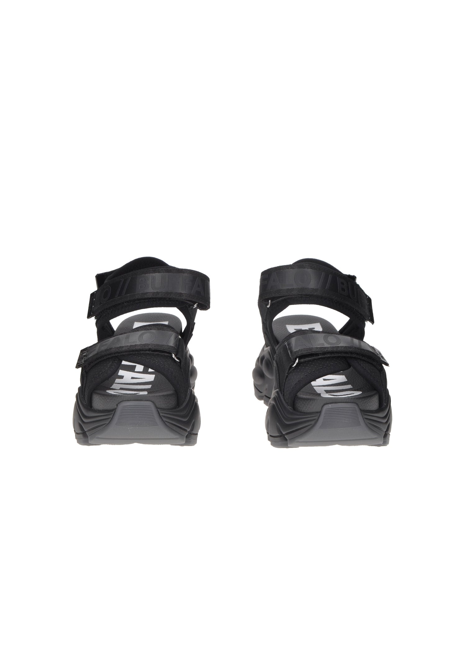 Rear view of BN1602196 Sandalo BUFFALO, black vegan sandals with adjustable velcro straps.