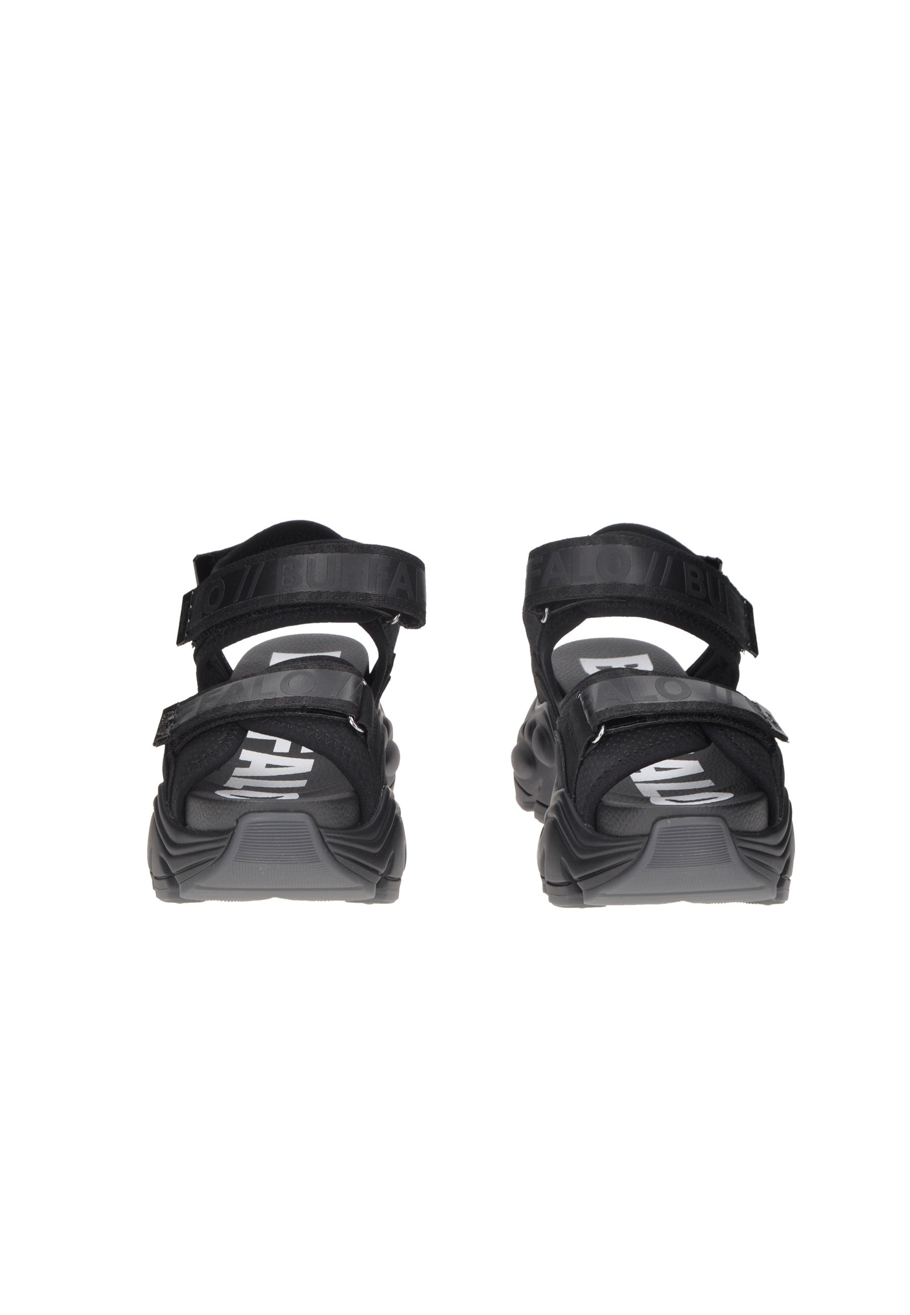 Rear view of BN1602196 Sandalo BUFFALO, black vegan sandals with adjustable velcro straps.