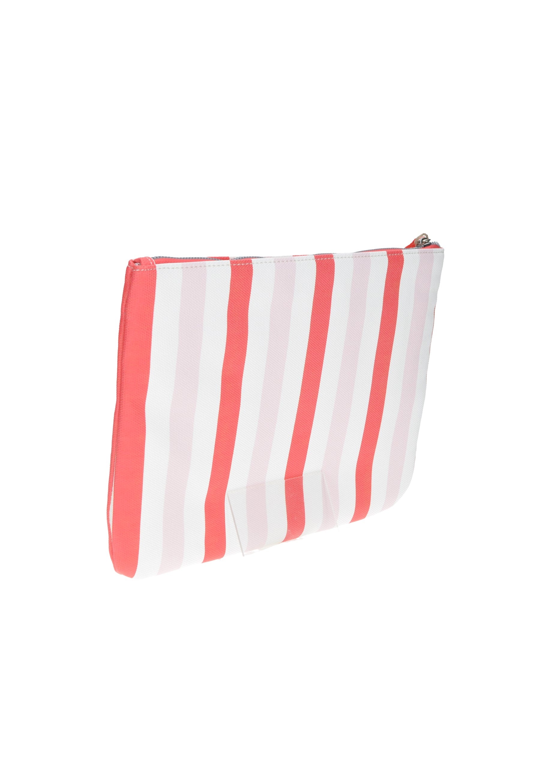 KBE31A528 Pochette KUVE' mare Ibiza in tessuto a righe rosse e bianche, chiusura con cerniera, dimensioni 32x22x2 cm.