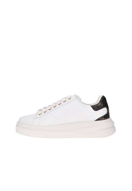 White GUESS Elbina sneaker with cushioned sole and 4G logo on the back, offering style and comfort.