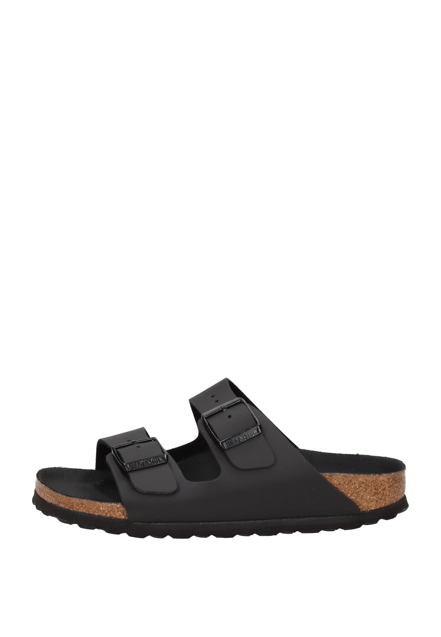 1019069 Sandalo BIRKENSTOCK in nero con plantare in sughero e lattice e fibbie regolabili.