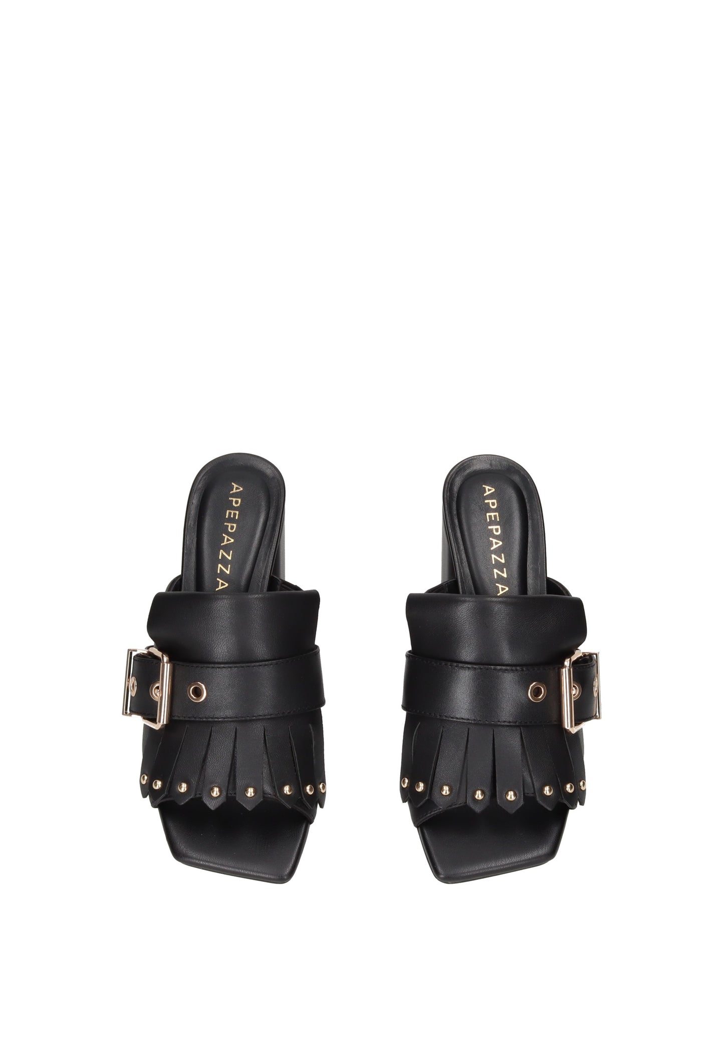S6FREESIA01/LEA Sandalo APEPAZZA in pelle nera con frangia e fibbie laterali, tacco alto 8 cm.