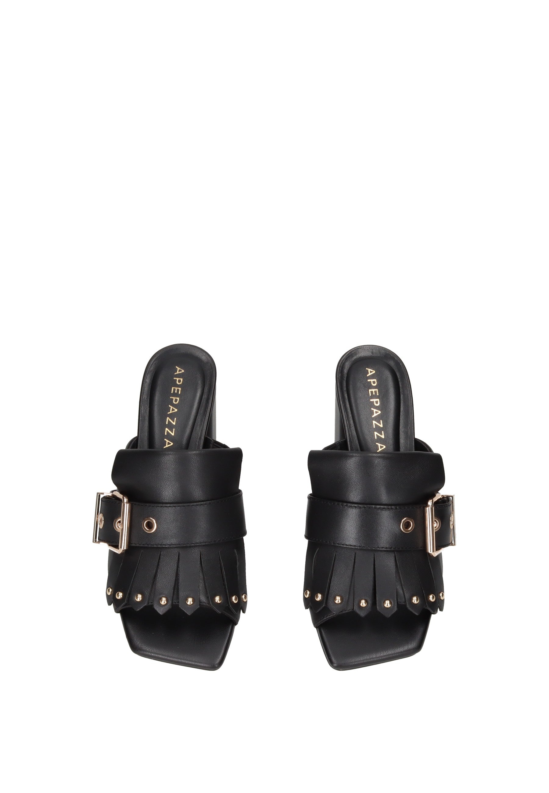 S6FREESIA01/LEA Sandalo APEPAZZA in pelle nera con frangia e fibbie laterali, tacco alto 8 cm.