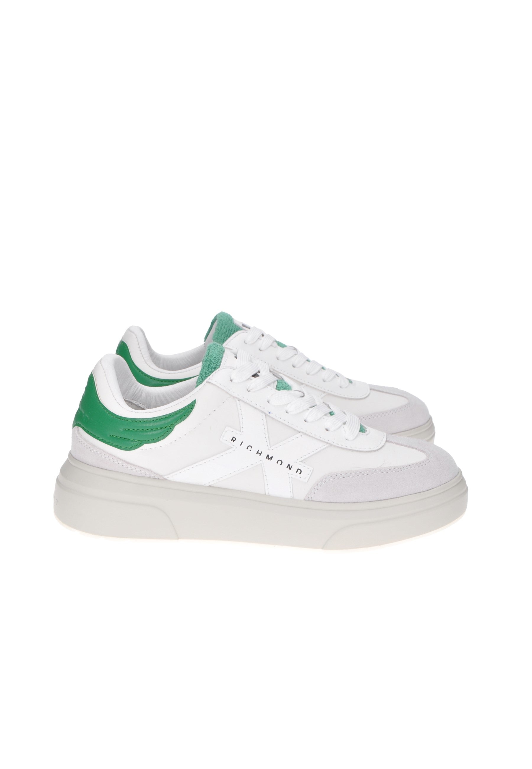White and green JOHN RICHMOND sneaker, featuring padded insole and high rubber sole, stylish and comfortable for everyday wear.