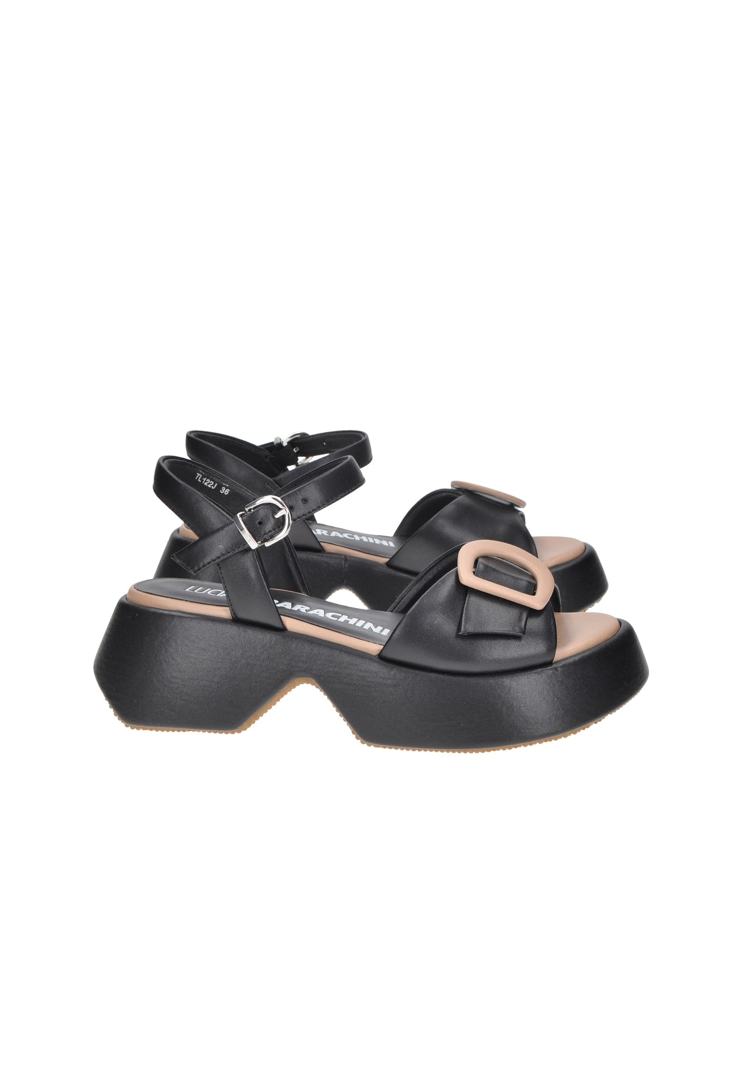 TL122 Sandalo LUCIANO BARACHINI in pelle nera con cinturino e suola alta per un look audace e confortevole.