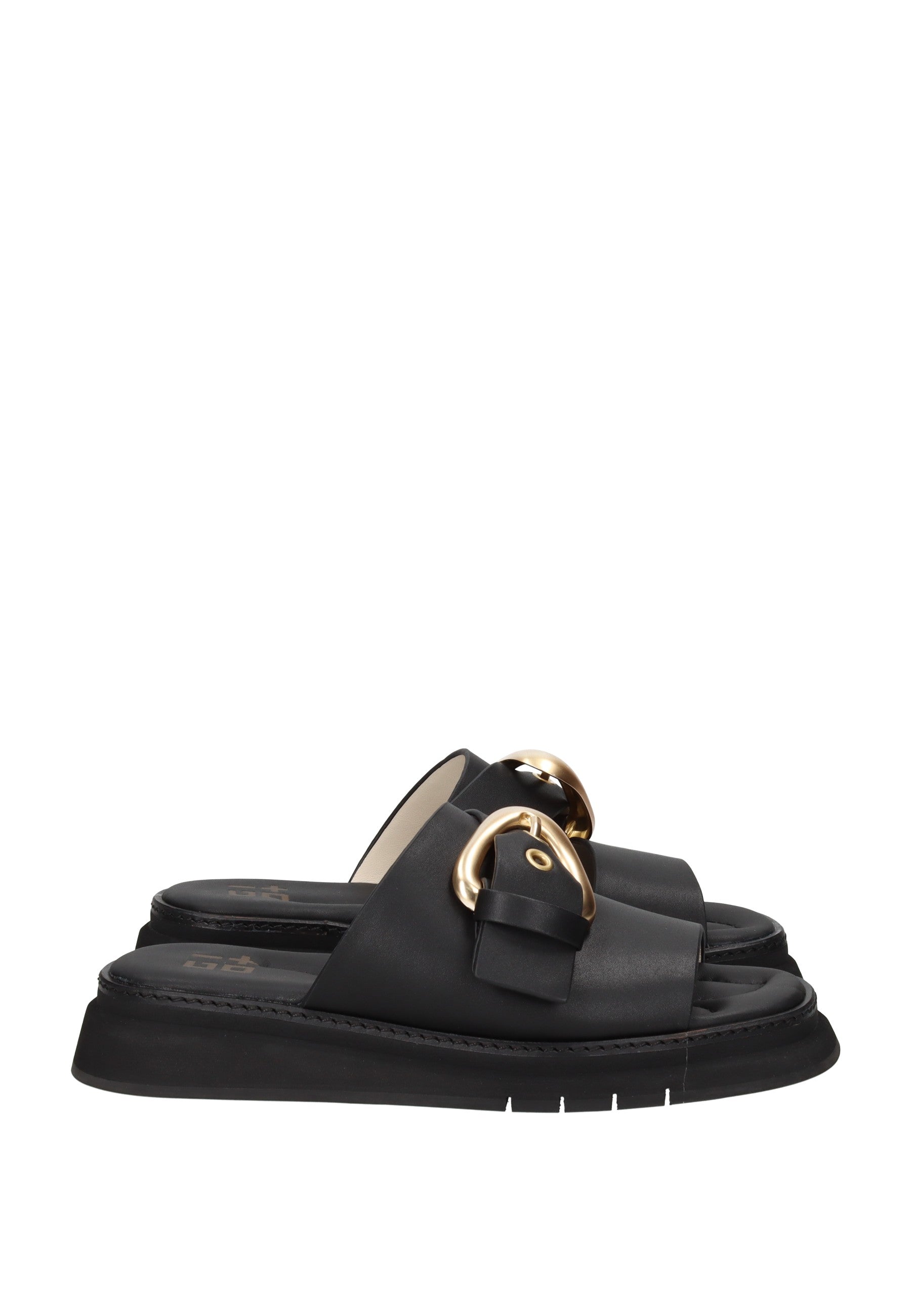 MALVA01A Sandalo GIO + black leather slide sandal with gold buckle, cushioned insole, and rubber sole.