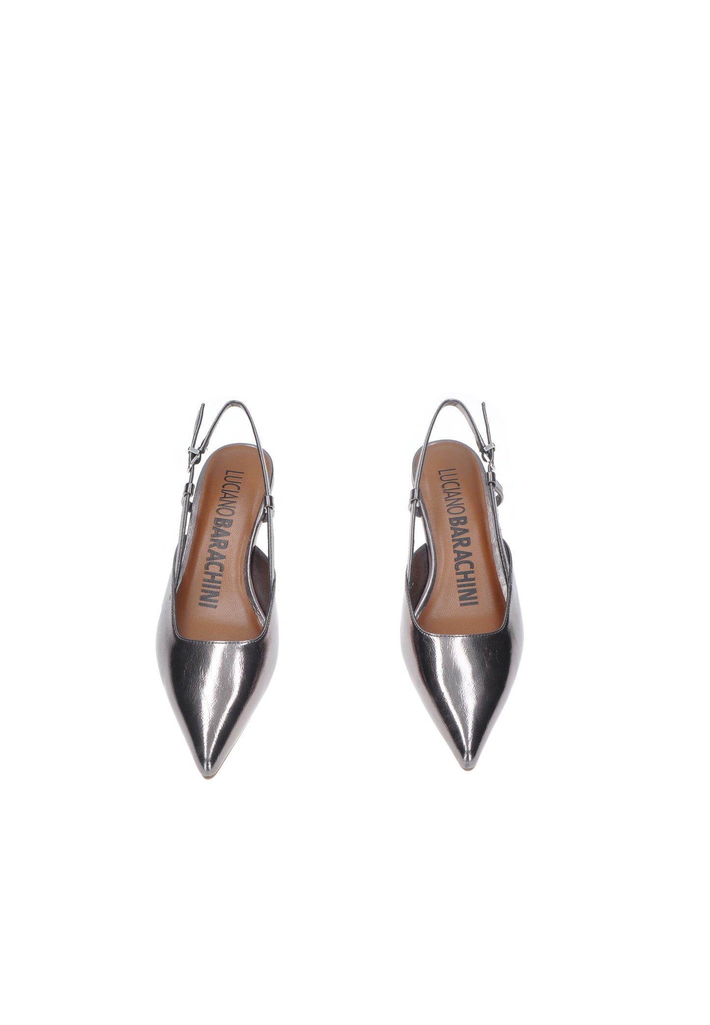 Stylish silver leather decollete shoes with slingback design by Luciano Barachini, showcasing elegant pointed toe.