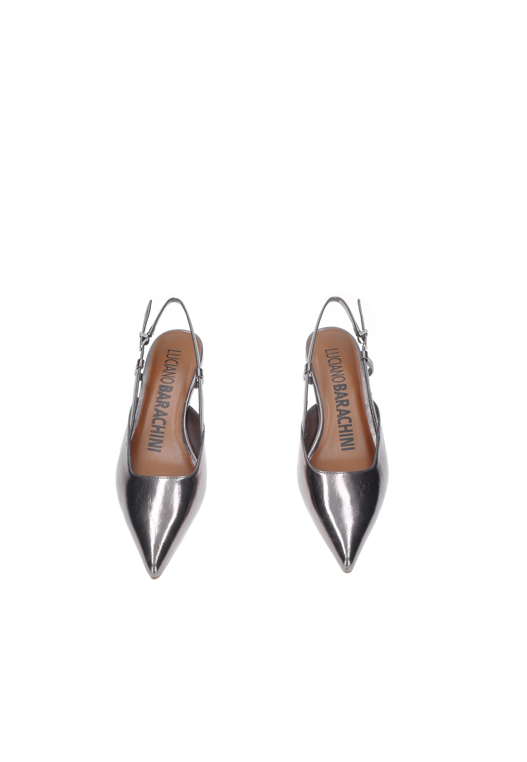 Stylish silver leather decollete shoes with slingback design by Luciano Barachini, showcasing elegant pointed toe.