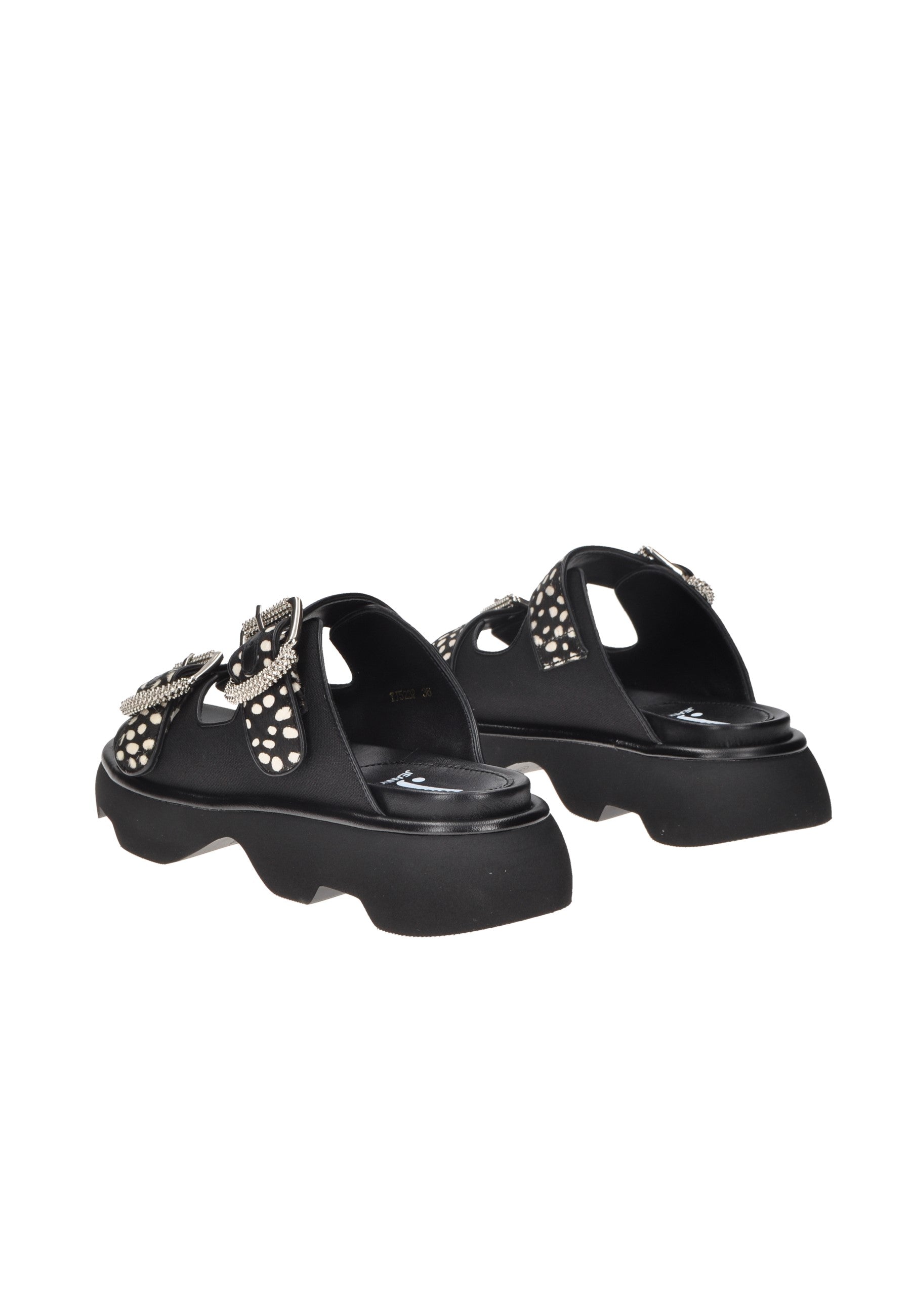TJ523 Sandalo JEANNOT, sandali neri con fibbie e dettagli lucidi, suola in gomma alta 5 cm per comfort e stile.