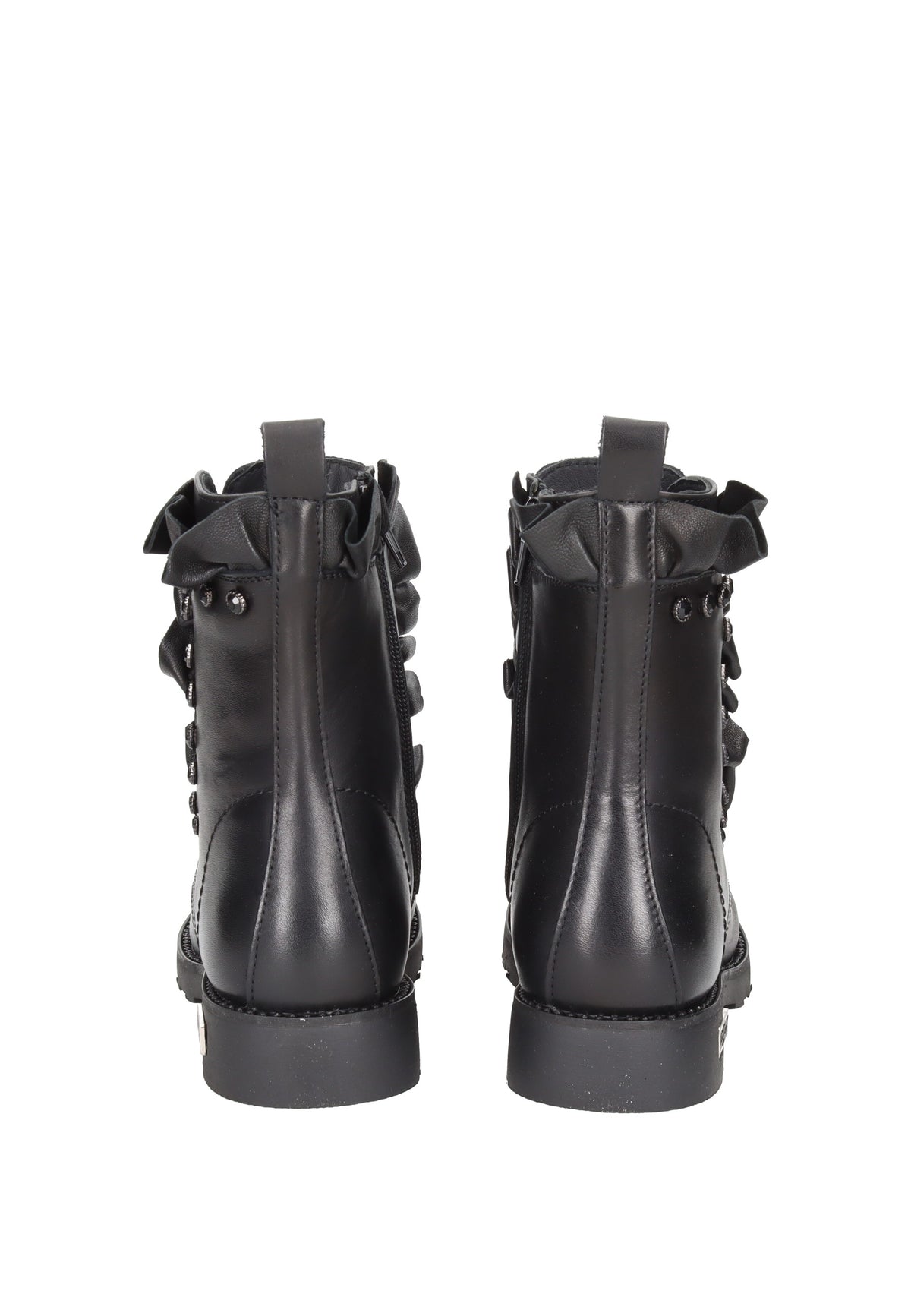 CLW320200 Boot CULT black leather mid boots with lace and zipper closure, embellished with ruffles and strass.