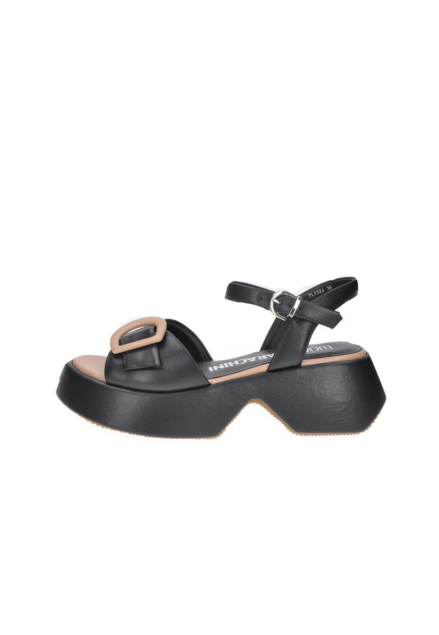 Sandalo luciano Barachini in pelle nera con cinturino e suola alta, design elegante e audace.