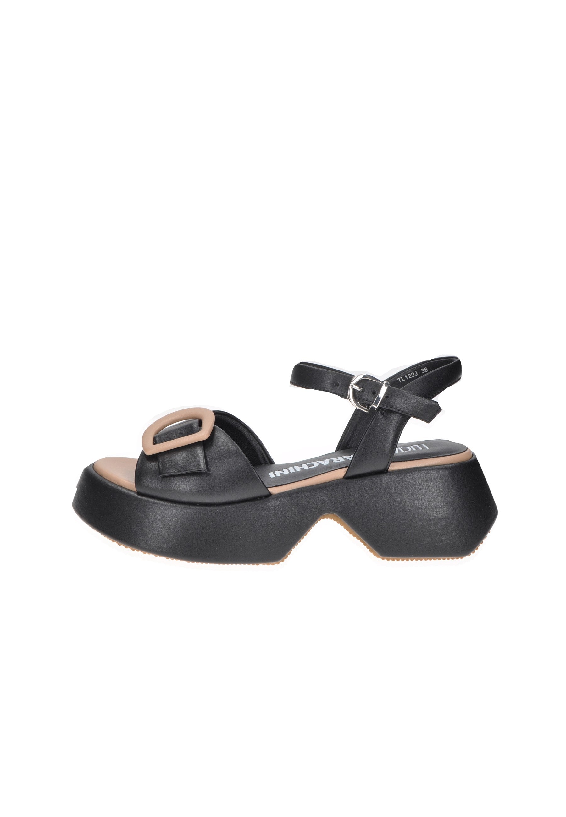 Sandalo luciano Barachini in pelle nera con cinturino e suola alta, design elegante e audace.