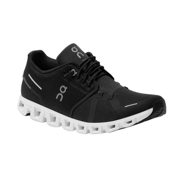 Scarpe Cloud 5 Uomo Black/White, scarpe da running sostenibili in nero e bianco con tomaia in mesh.