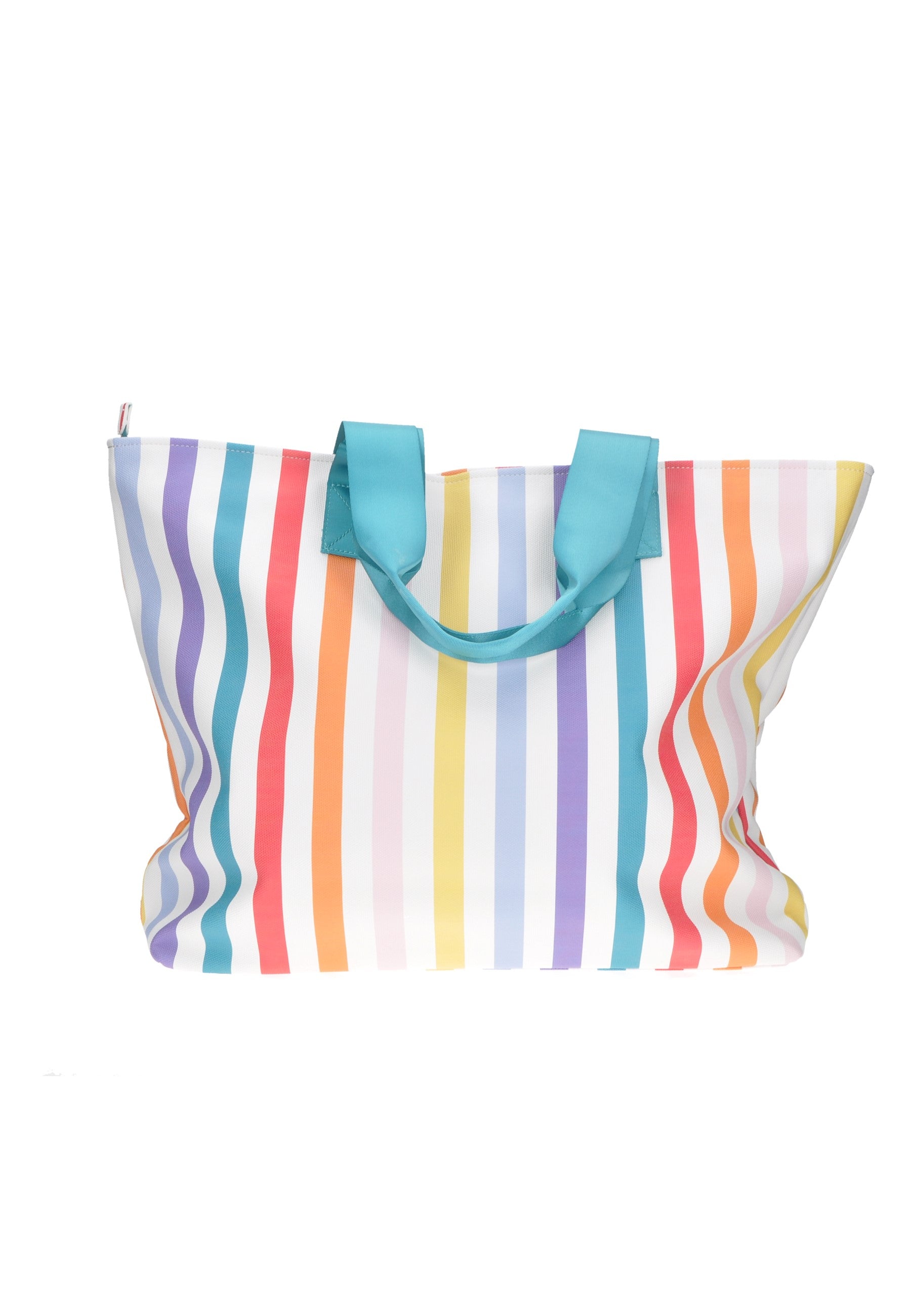 Colorful striped shopping bag with blue handles, perfect for beach outings and stylish errands.