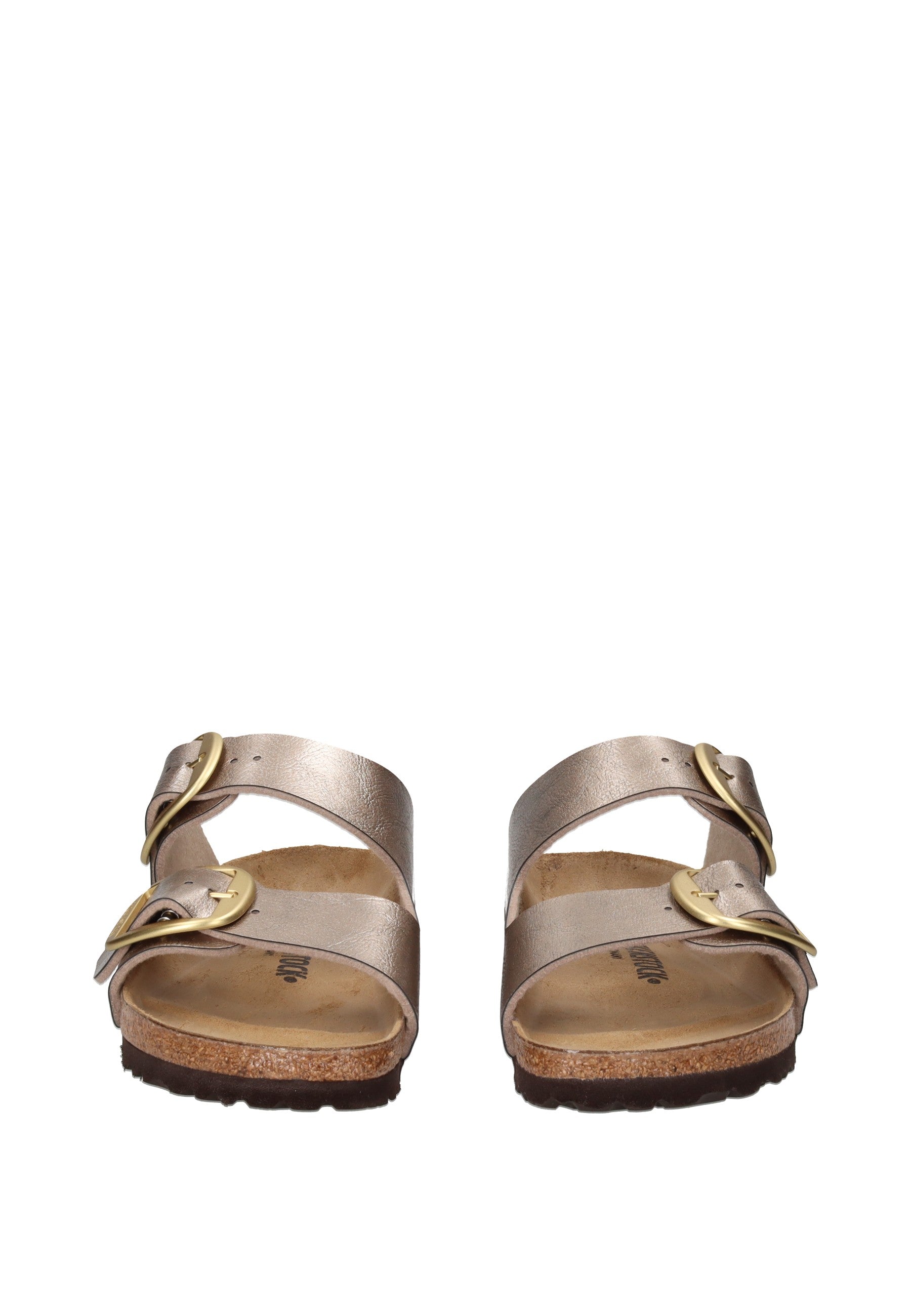 1020882 Sandalo BIRKENSTOCK in oro con cinturini e fibbie regolabili, pianta anatomica in sughero.