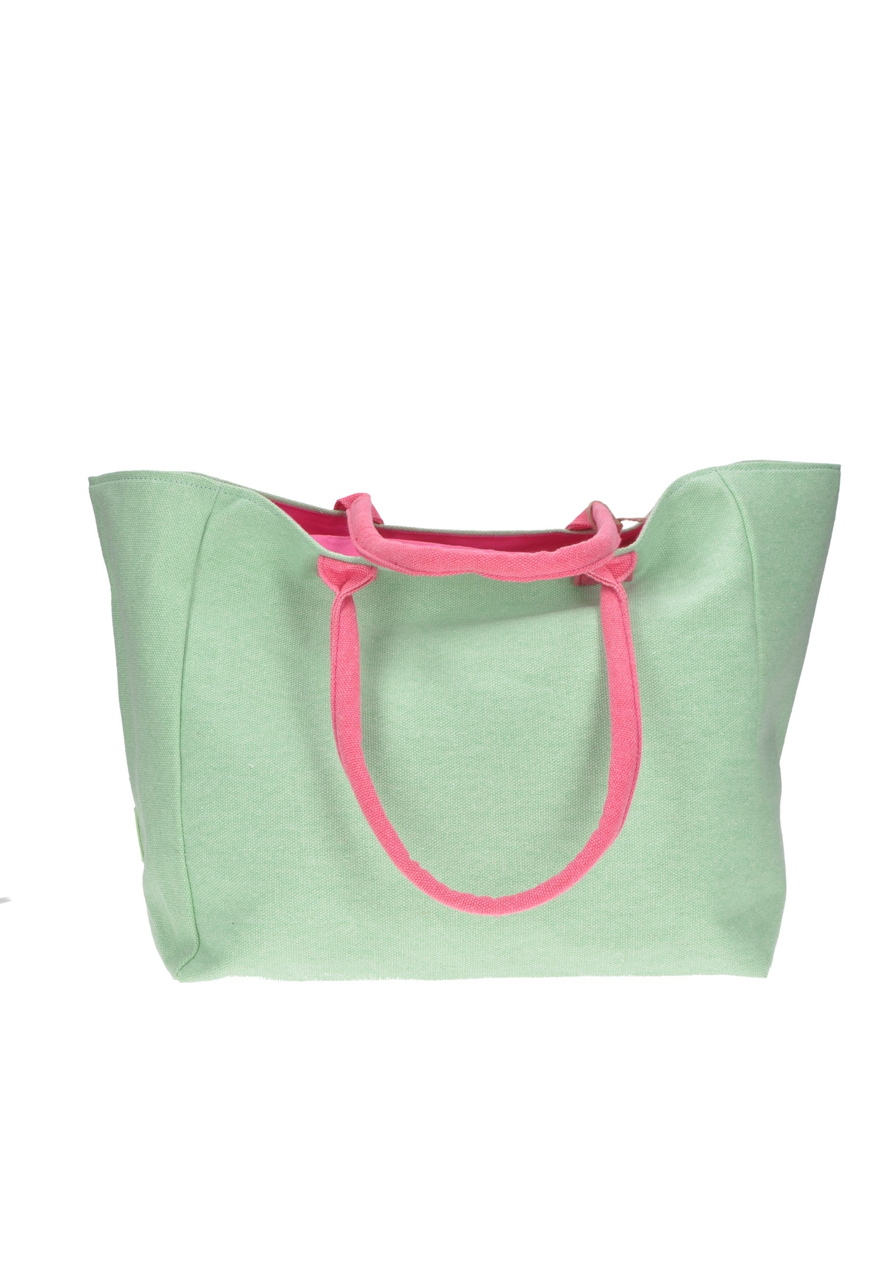 Shopping bag in mint green with pink handles, perfect for beach days and casual outings.