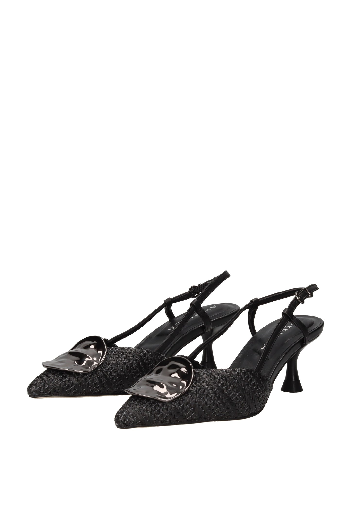 S6GLOW05/RAF Decollete aperto dietro APEPAZZA elegant black raffia slingback heels with metal detail.
