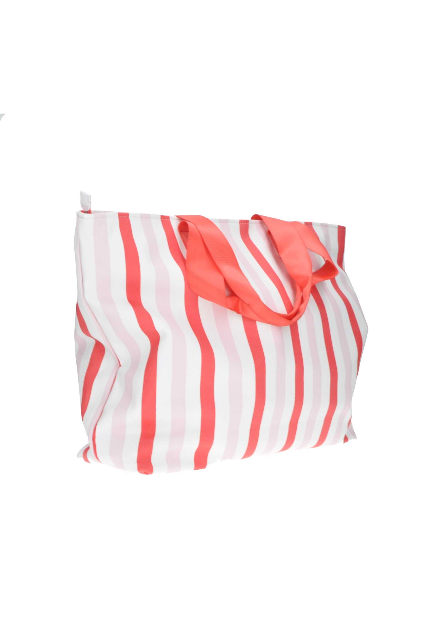 Striped shopping bag in coral and white, perfect for beach outings and stylish shopping.