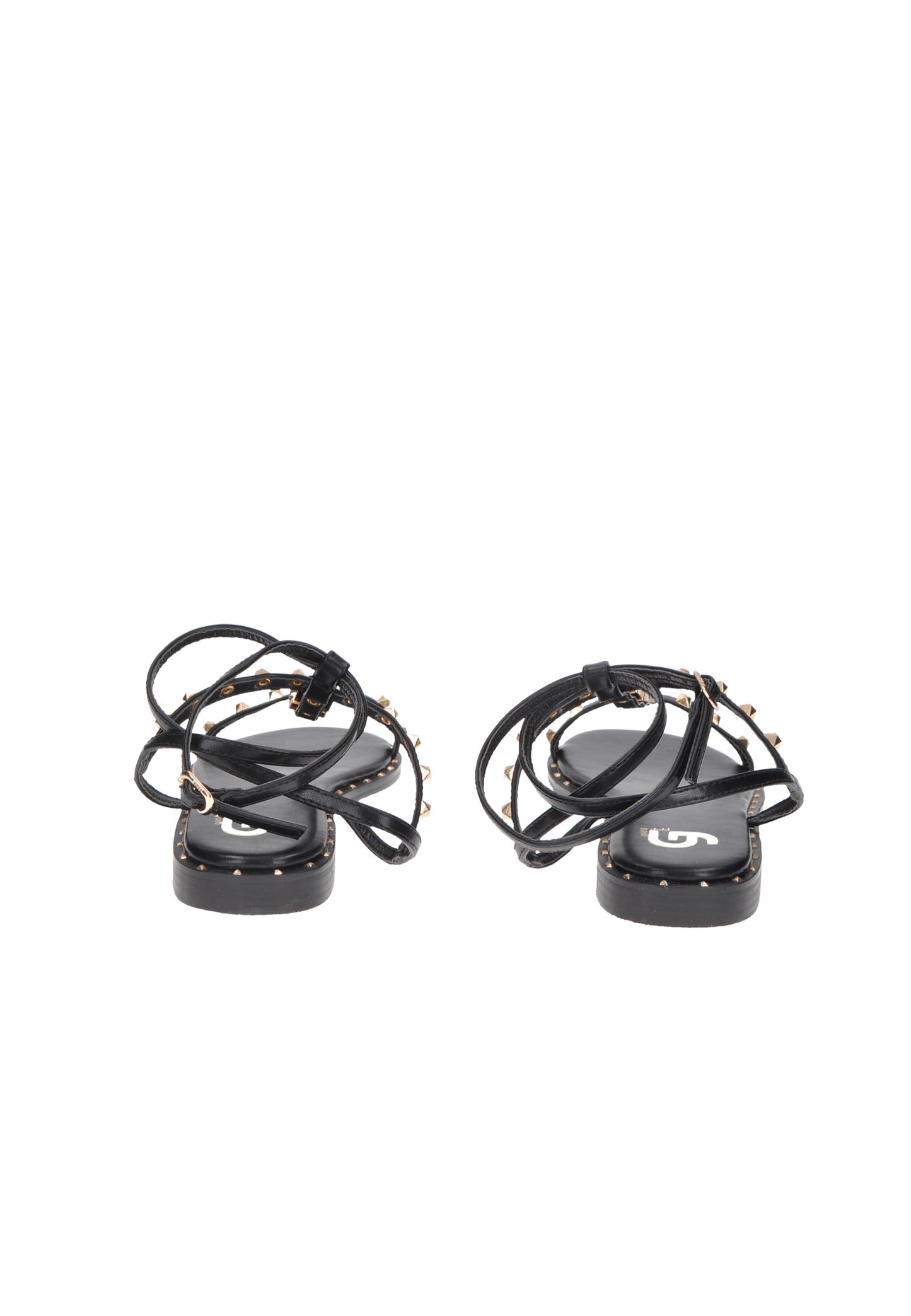 Black strappy sandals with embellished straps and cushioned footbed, stylish and comfortable for casual wear.