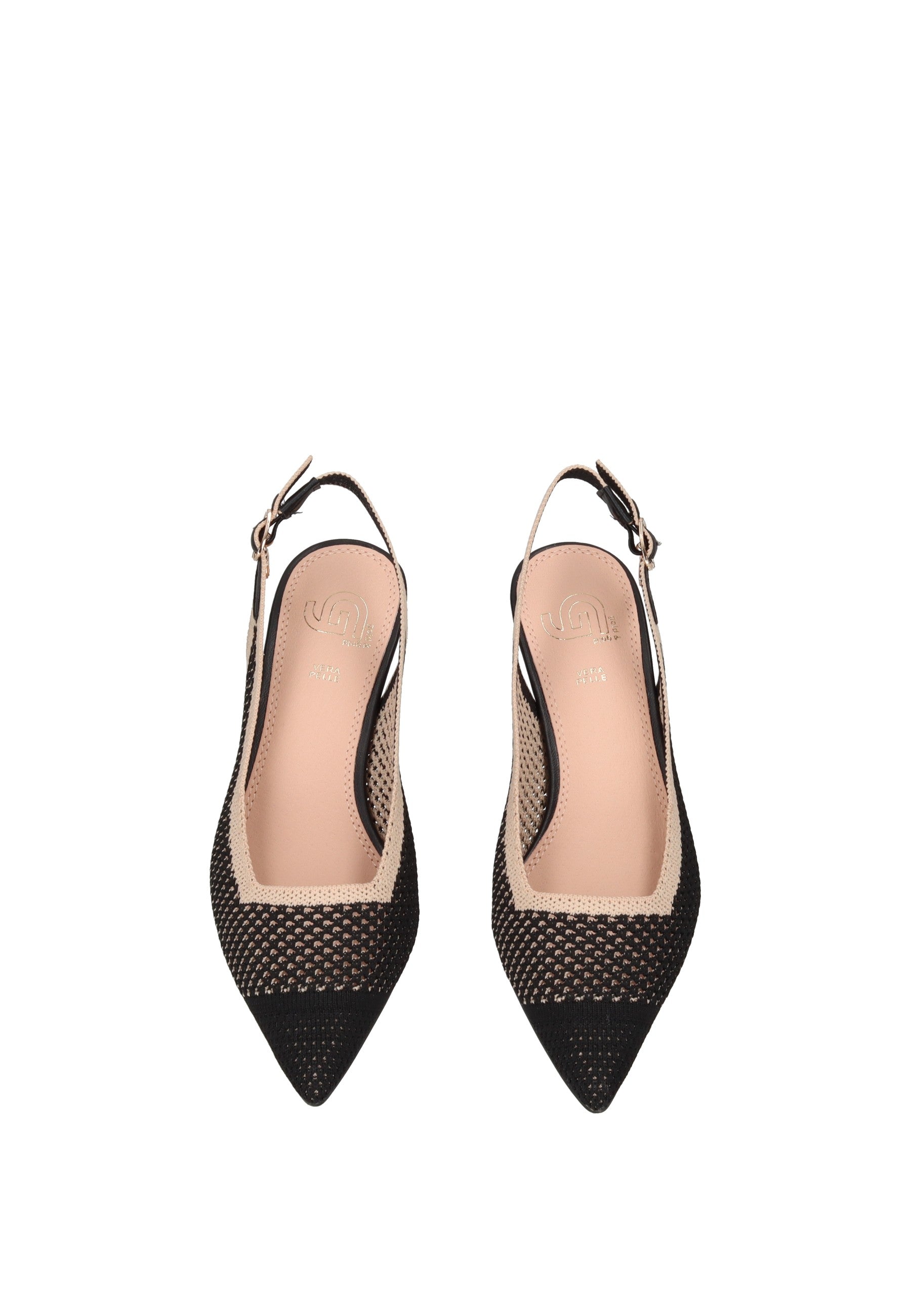 GK229 Decollete aperto dietro GOLD&GOLD, eleganti scarpe con cinturino al tallone in tessuto con tacco alto.