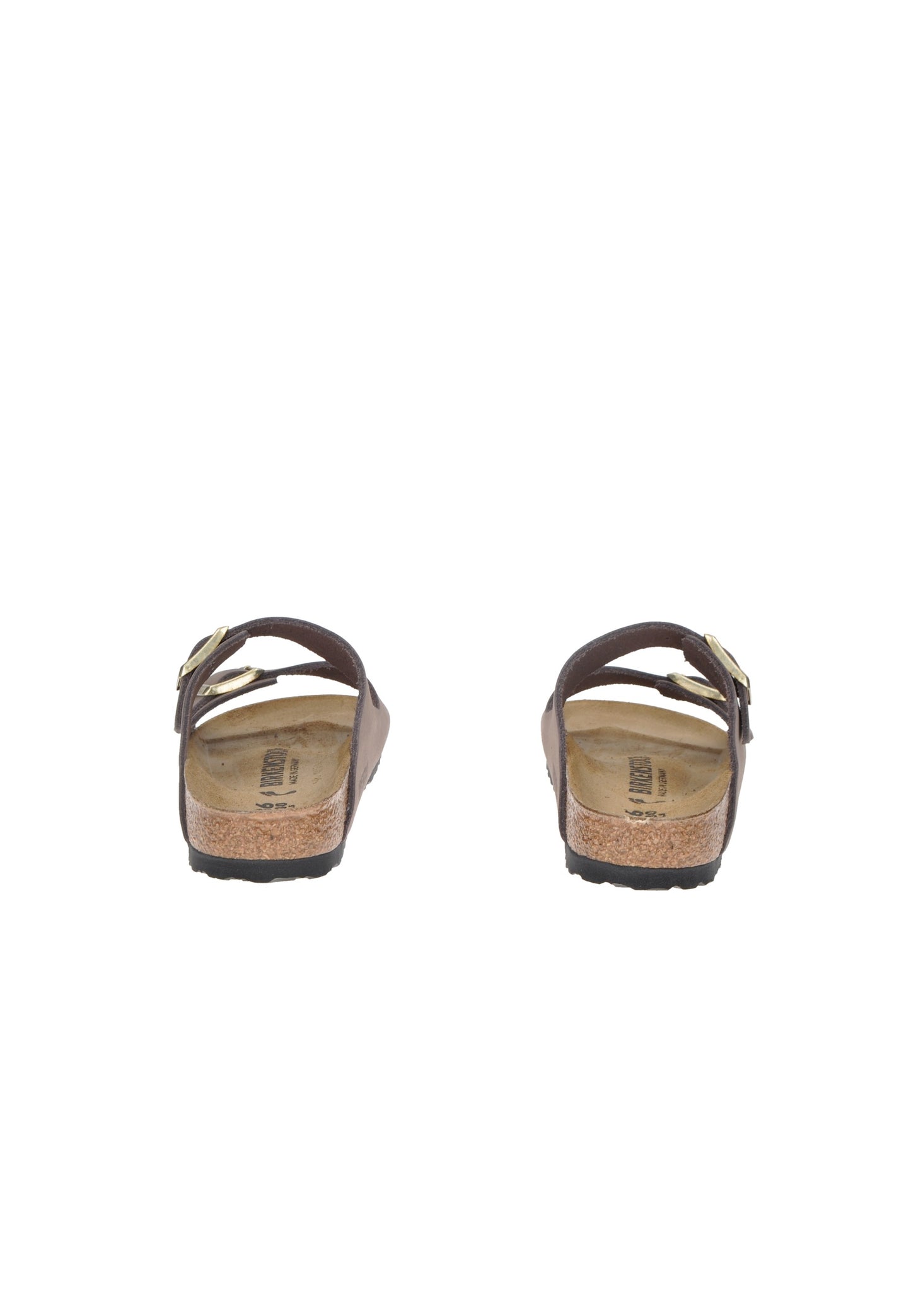 Rear view of BIRKENSTOCK Arizona sandals with adjustable metal buckles, cork and latex footbed, and EVA sole.